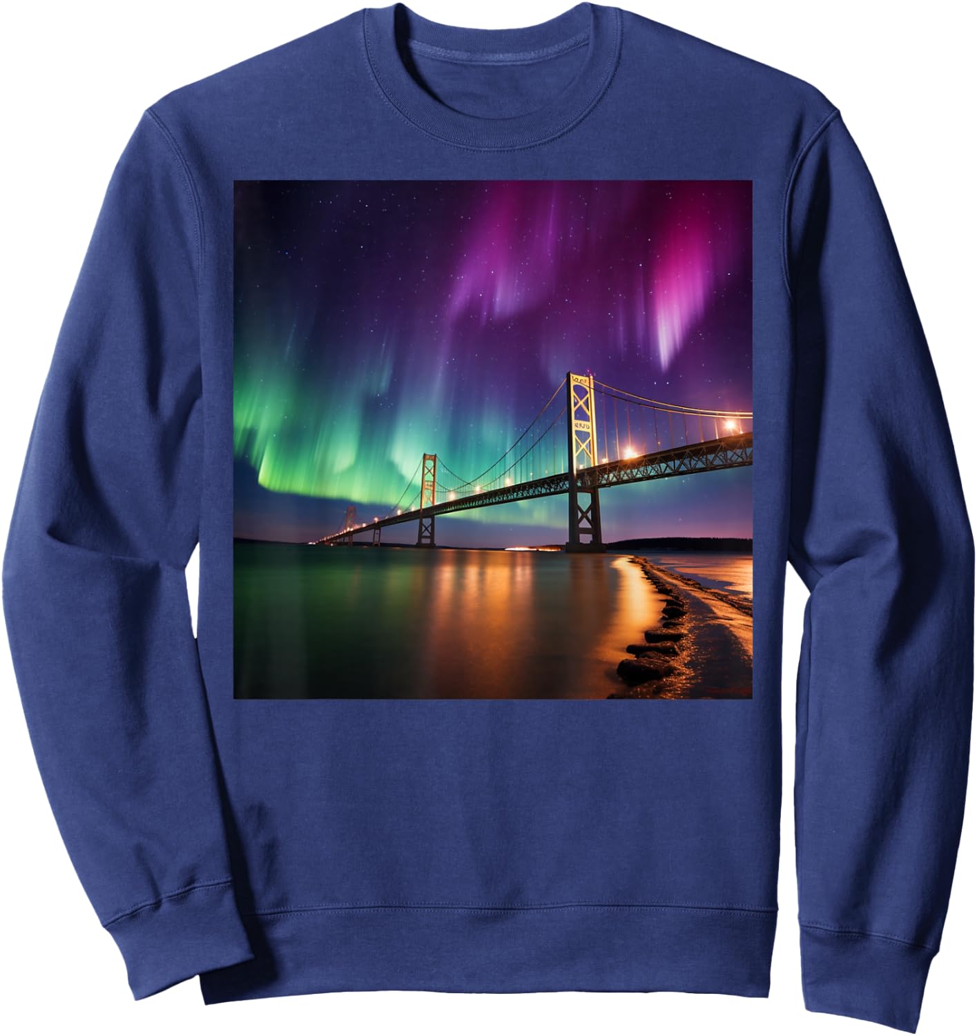 Michigan Northern Lights Mackinac Island Bridge Vacation Sweatshirt - Sweatshirt | Navy