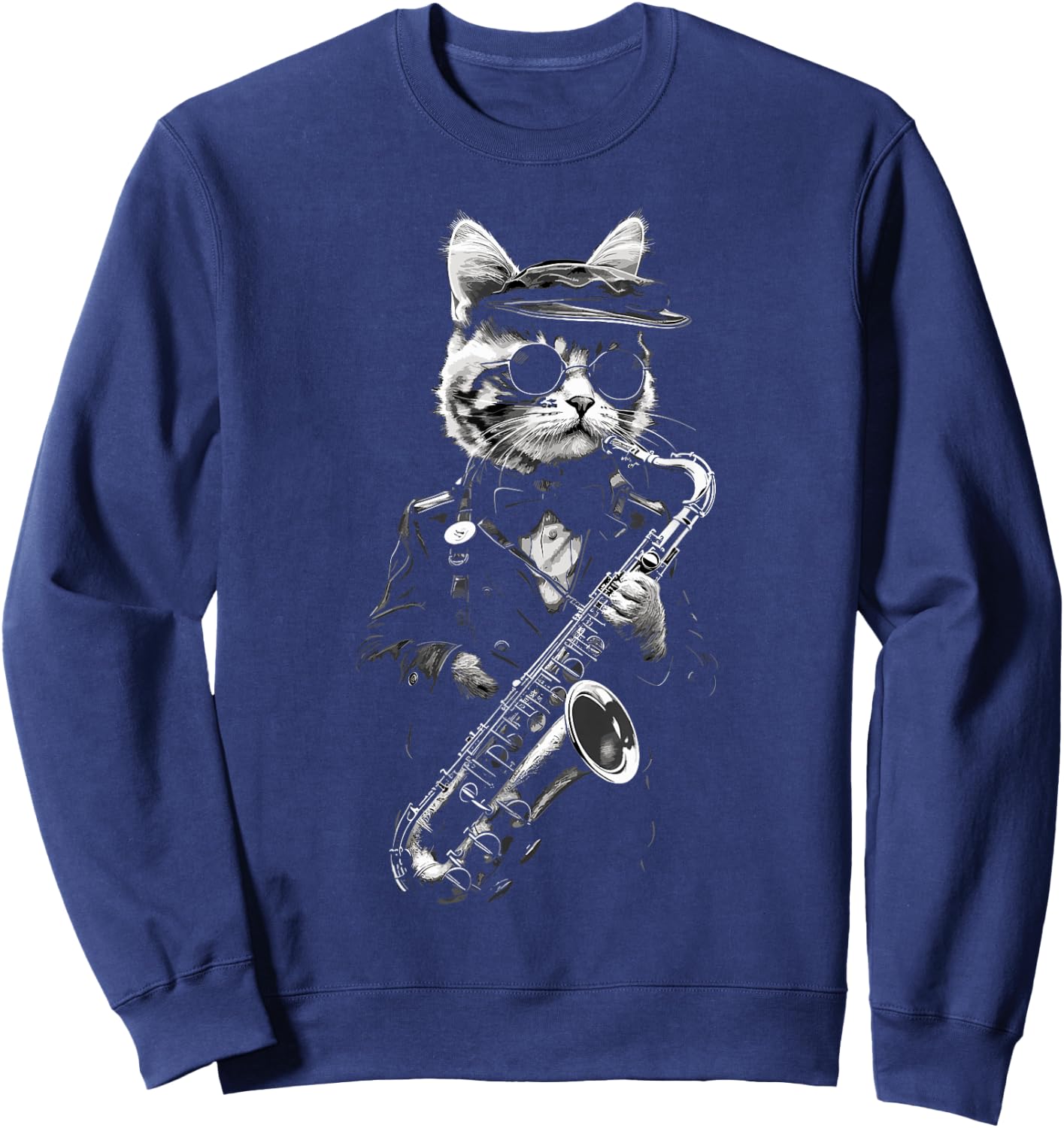 Funny Cat Wearing Sunglasses Playing Clarinet Musician Men Women Kids Sweatshirt - Sweatshirt | Navy