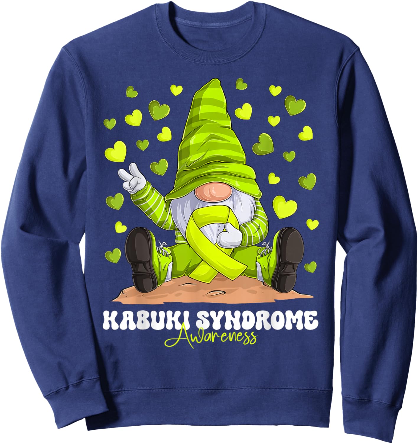 Kabuki Syndrome Awareness Month Lime Green Ribbon Gnome Sweatshirt - Sweatshirt | Navy