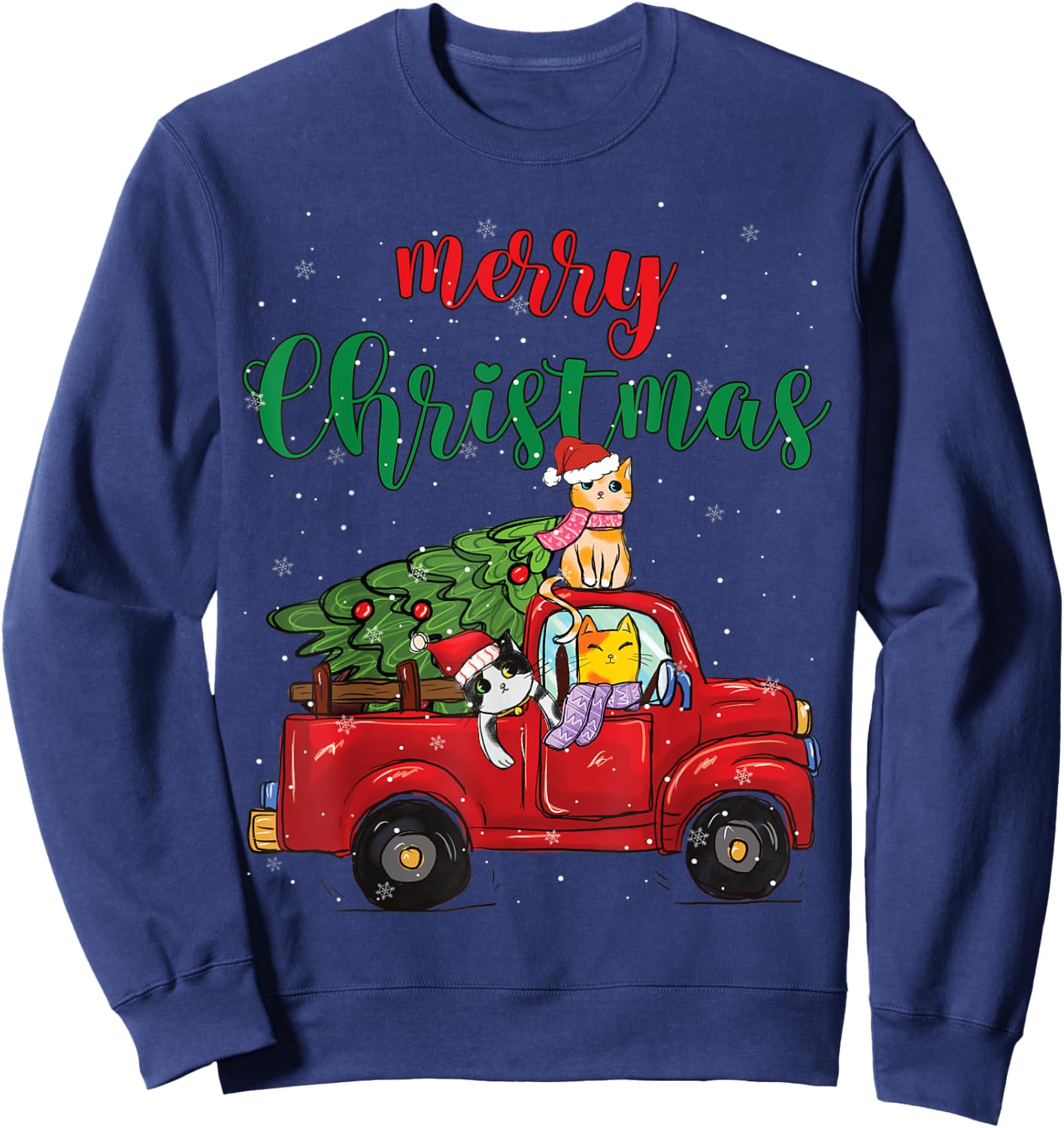 Merry Christmas Outfit Cats Truck Christmas Sweatshirt - Sweatshirt | Navy