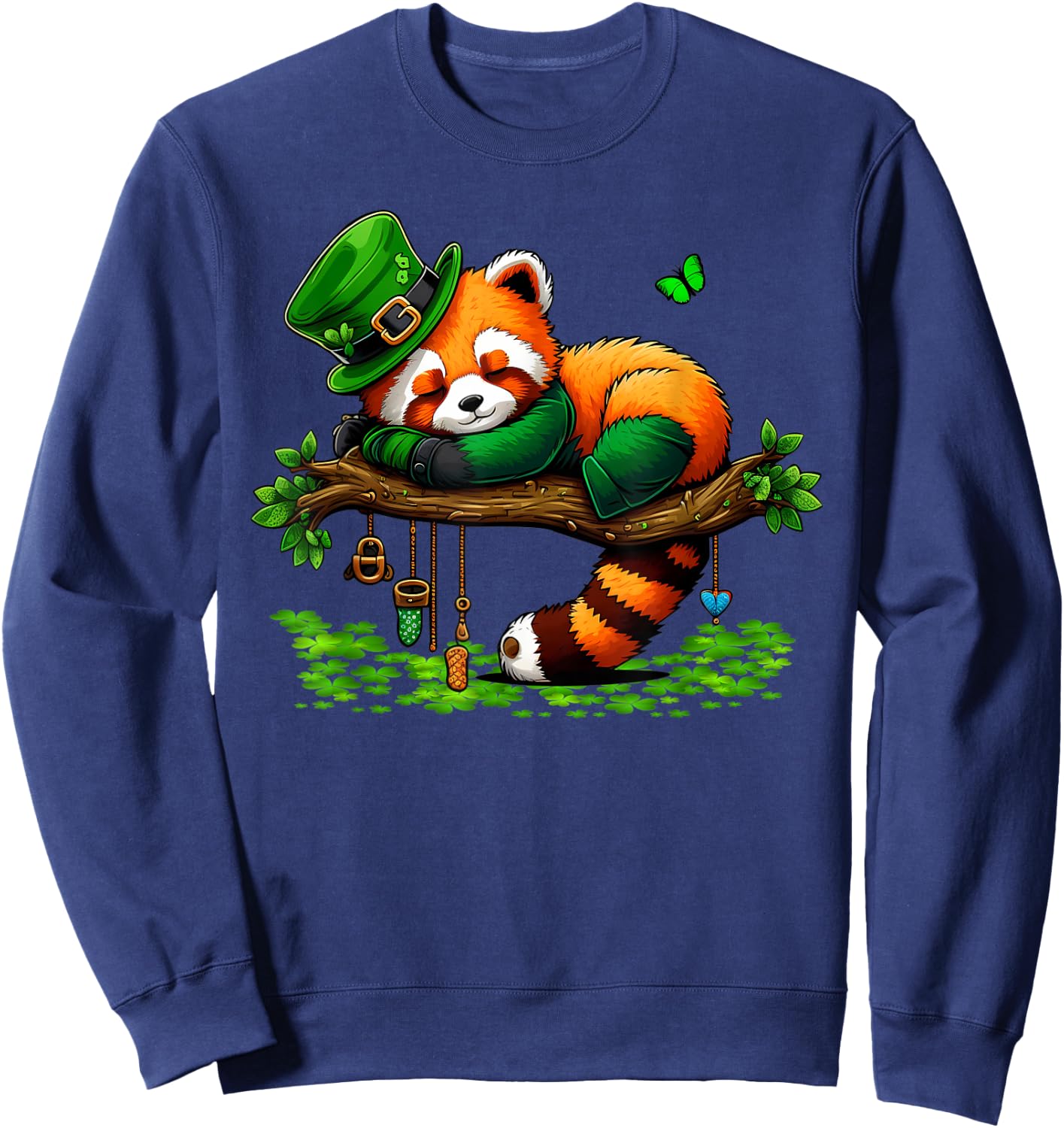 St Patricks Day Lazy Red Panda Shamrock Leprechaun Hat Panda Sweatshirt - Sweatshirt | Navy