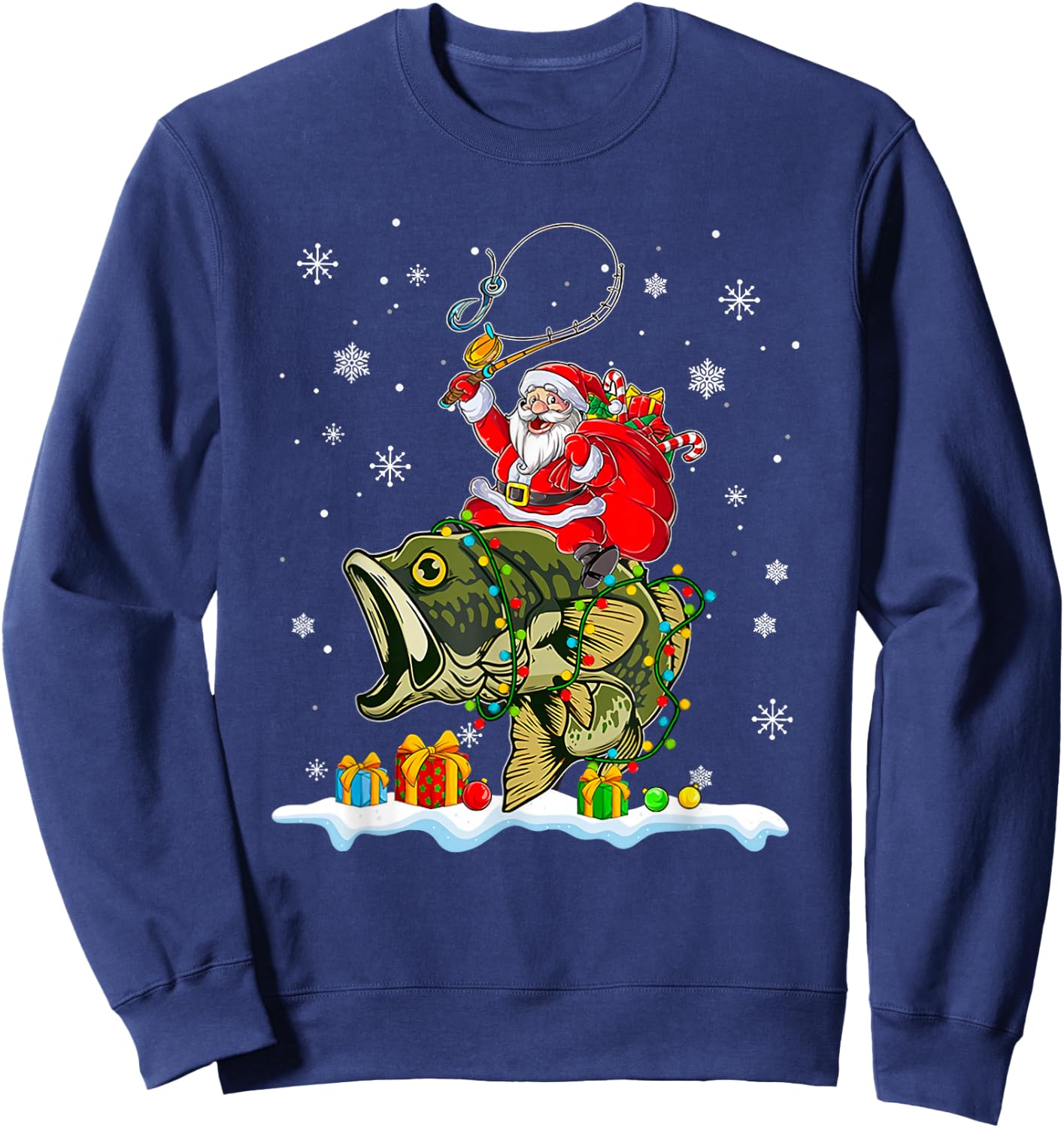 Christmas Bass Fishing Funny Santa Riding Fish Fishermen PJ Sweatshirt - Sweatshirt | Navy