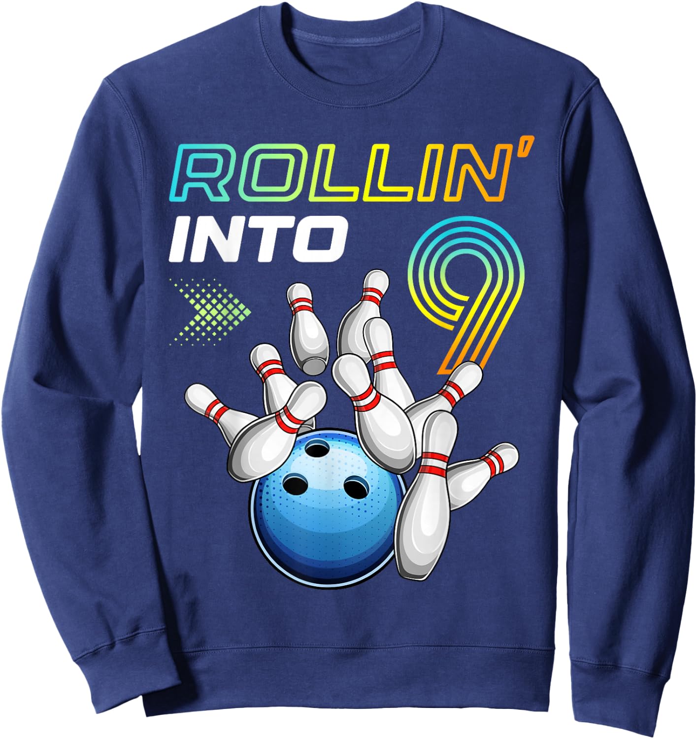 Rollin Into 9 Retro Bowling Birthday Party 9th Birthday Sweatshirt - Sweatshirt | Navy