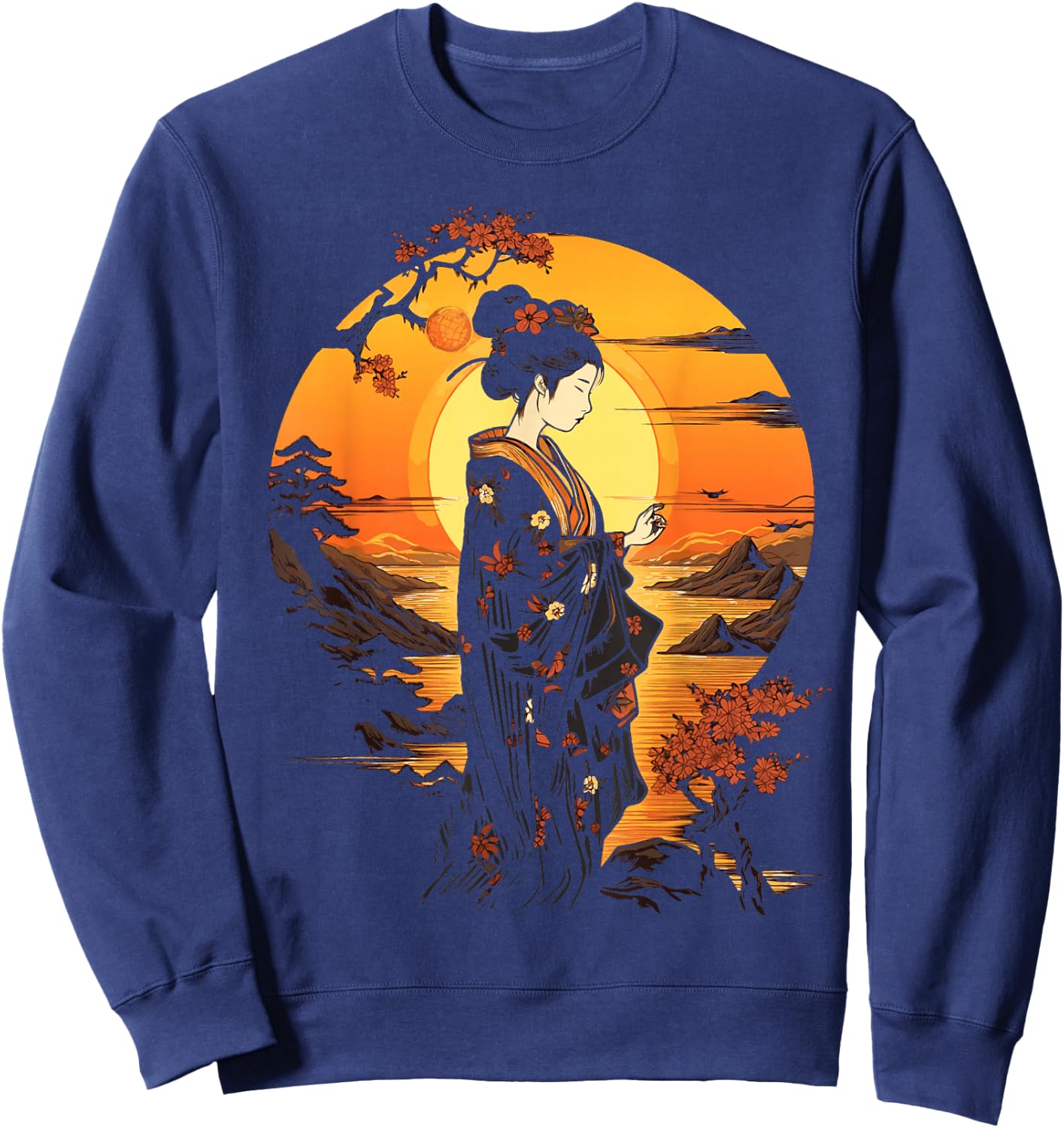Japanese Geisha Zen Aesthetic Sakura Asian Art Beautiful Sweatshirt - Sweatshirt | Navy