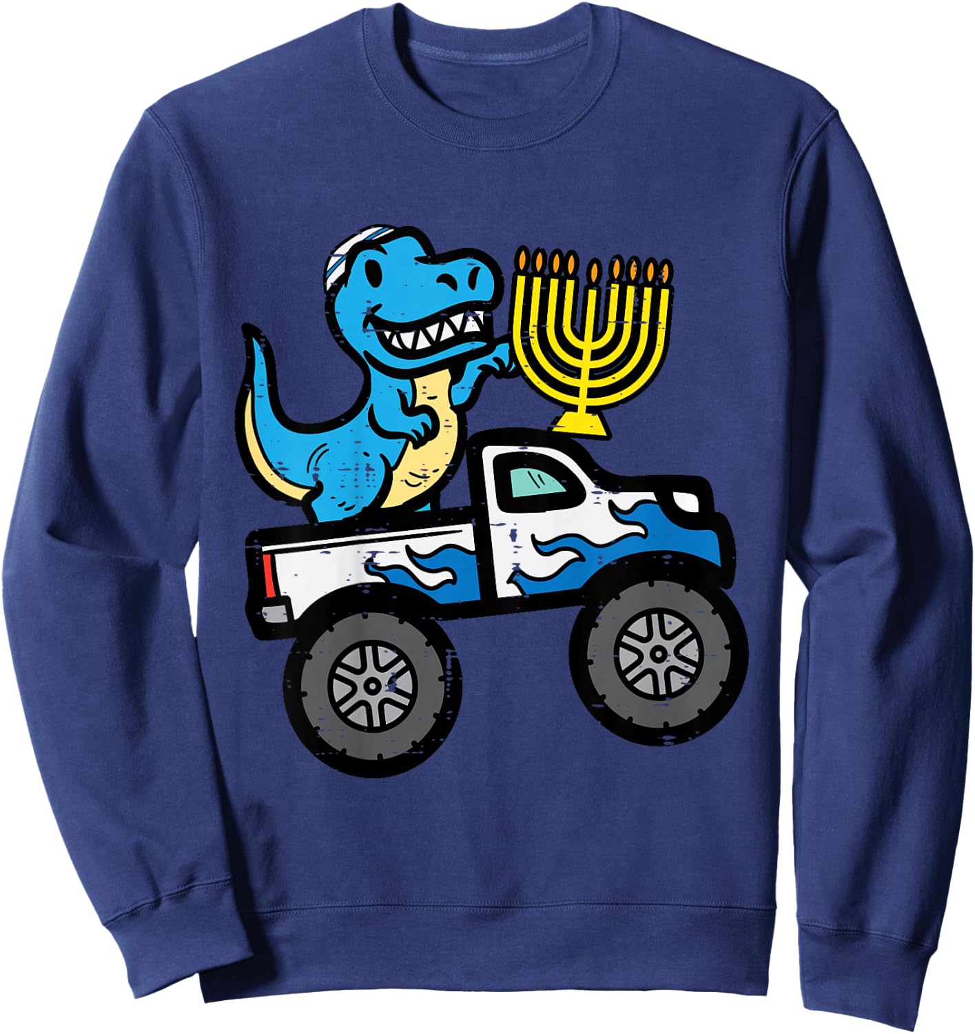 Kids Hannukah Dino On Monster Truck Chanukah Boys Toddler Youth Sweatshirt - Sweatshirt | Navy