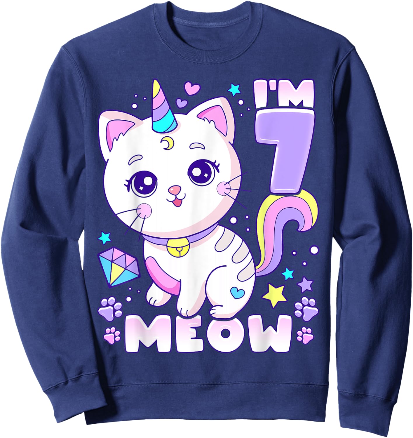 Birthday girl 7 years old, cat, unicorn, 7th birthday Sweatshirt - Sweatshirt | Navy