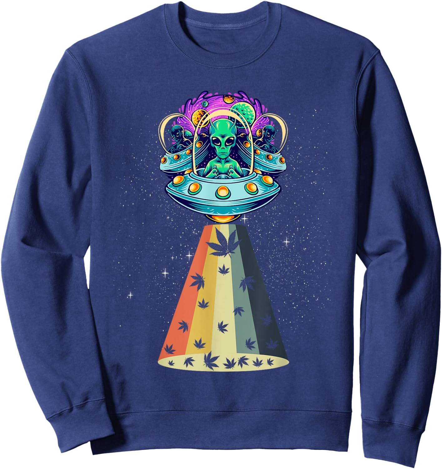 Vintage Alien Weed Pot Leaf UFO Abduction Marijuana Sweatshirt - Sweatshirt | Navy