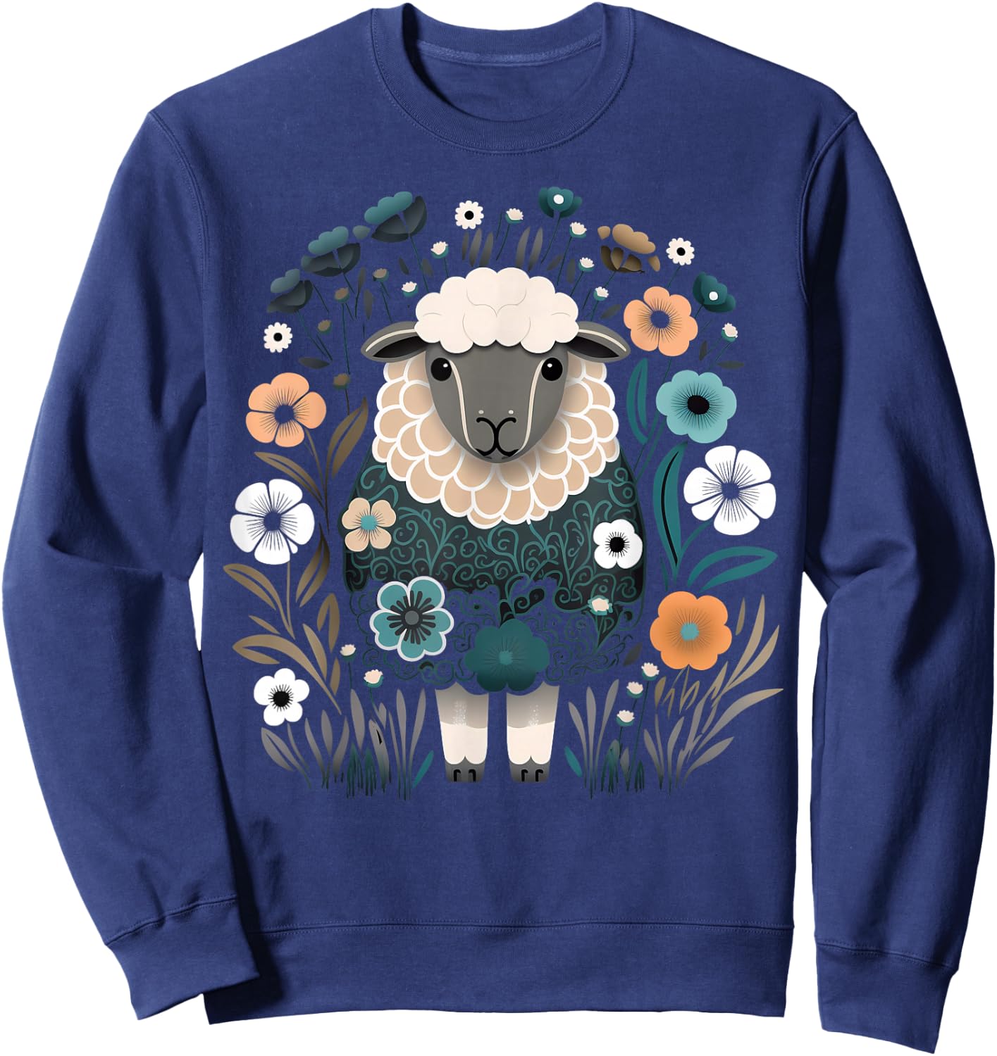 Cute Sheep Floral Colorful Flowers in the Garden Black Sweatshirt - Sweatshirt | Navy