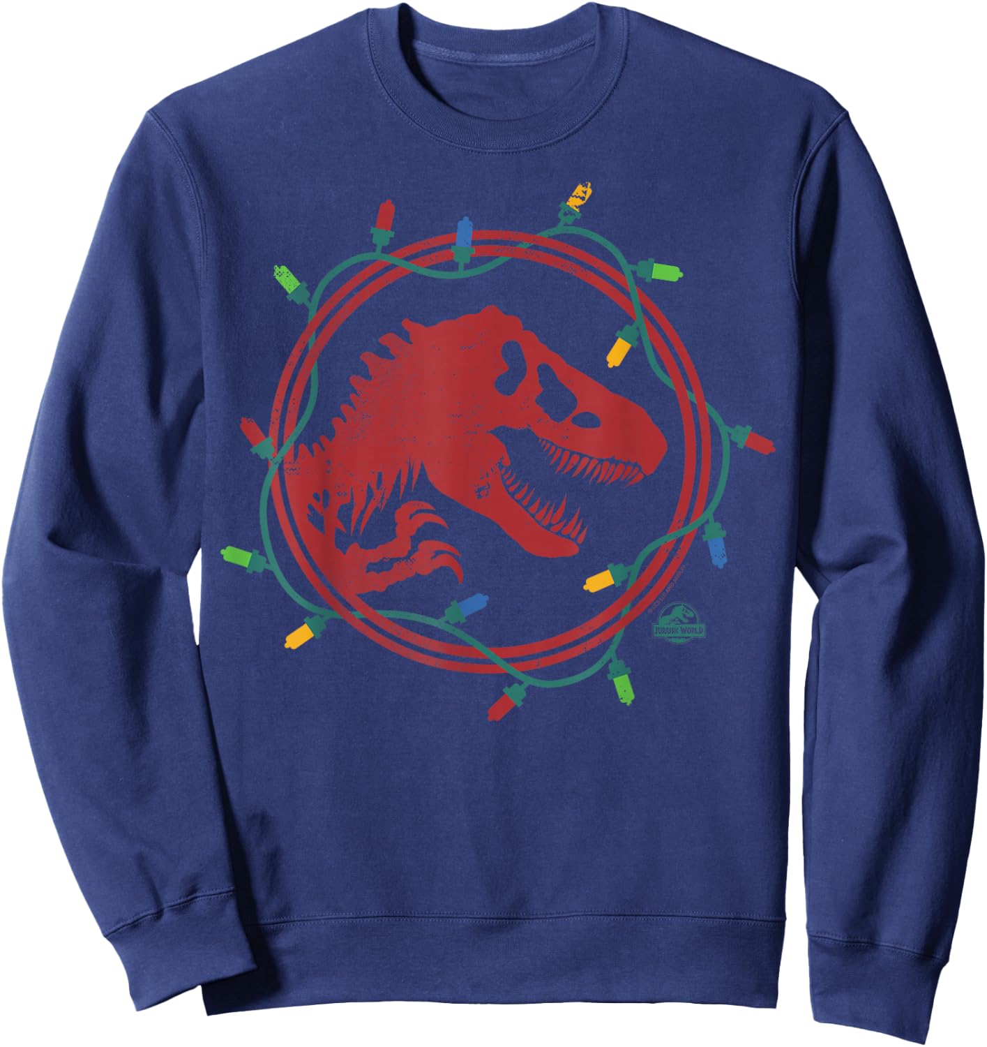 Jurassic World Kids' T-Rex Christmas Lights - Black, Short Sleeve, , Small Sweatshirt - Sweatshirt | Navy