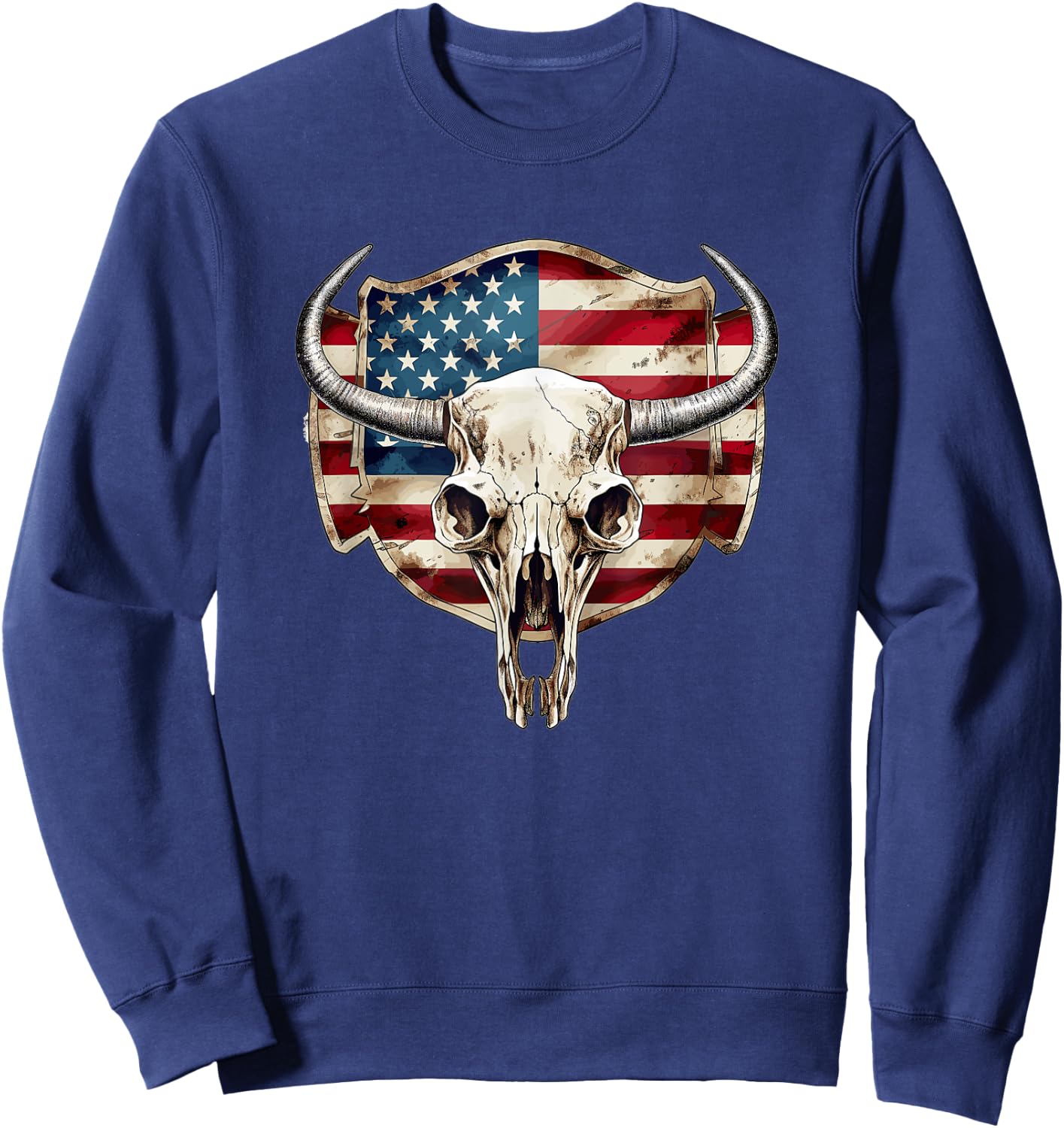 Vintage Cow Bull Cattle Skull Head Western Patriotic US-Flag Women Men Sweatshirt - Sweatshirt | Navy