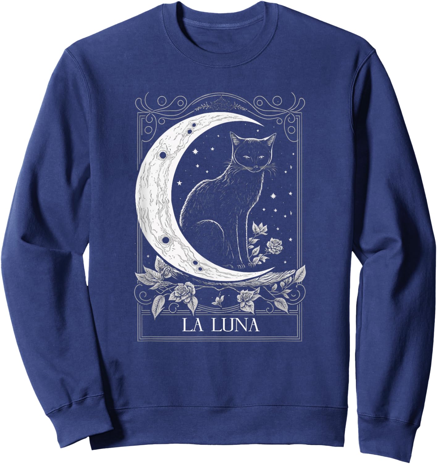 Cat and Crescent Moon Tarot Card Graphic Sweatshirt - Sweatshirt | Navy