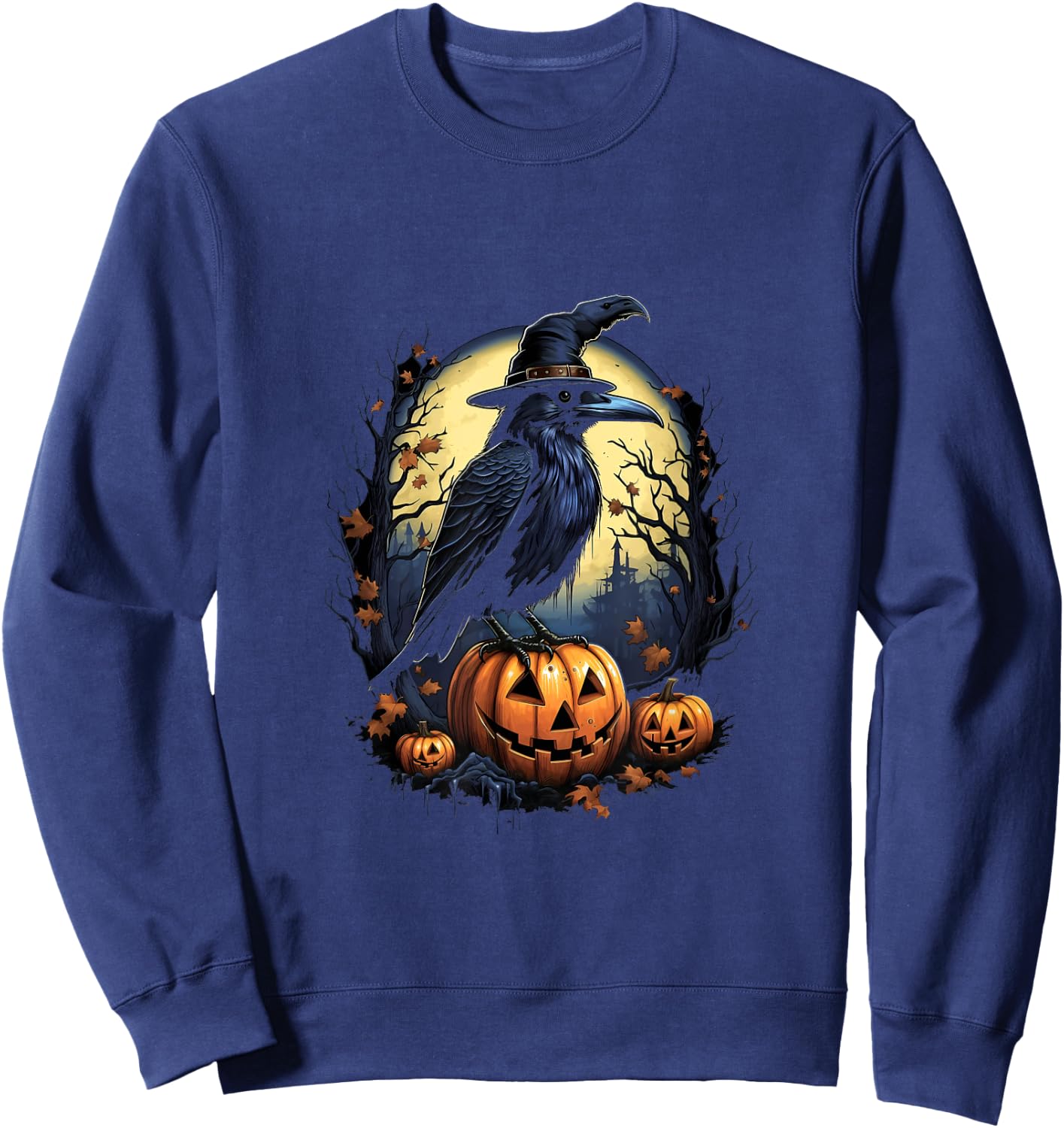 Crow Bird Witch Hat Pumpkins Halloween Costume Sweatshirt - Sweatshirt | Navy