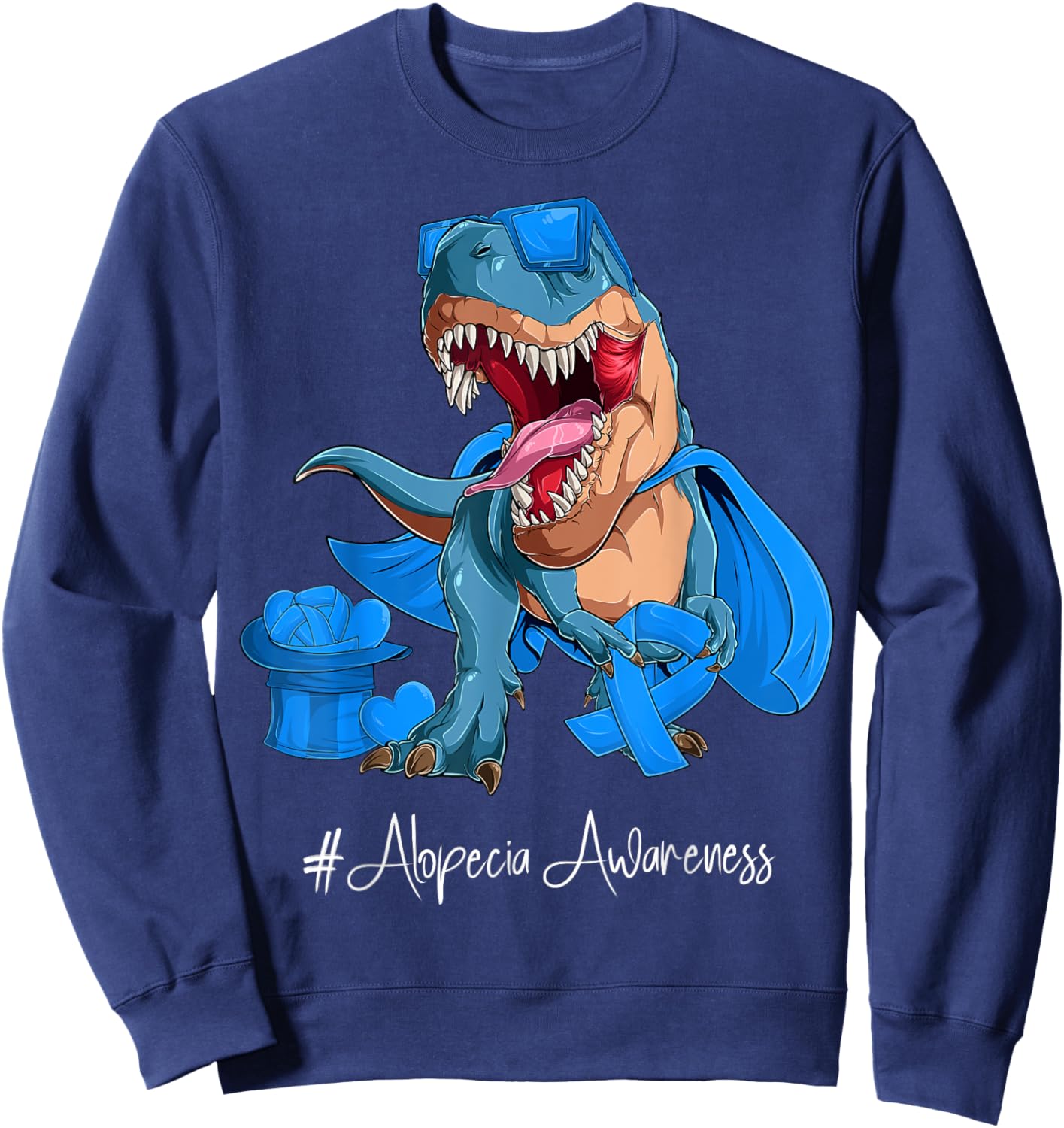 Alopecia Awareness Month Blue Ribbon Trex Sweatshirt - Sweatshirt | Navy