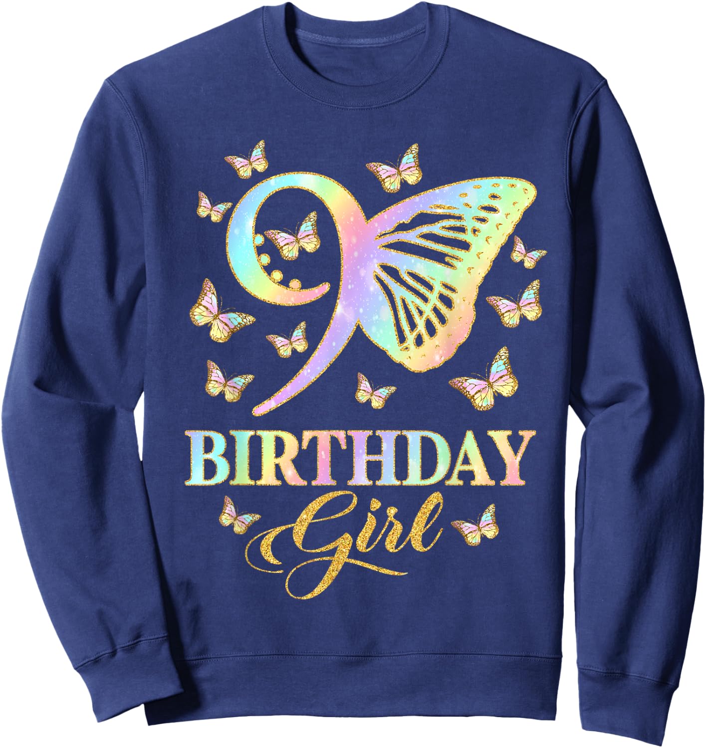 Butterfly 9th Birthday Outfit 9 Year Old Girl Kids Cute Sweatshirt - Sweatshirt | Navy