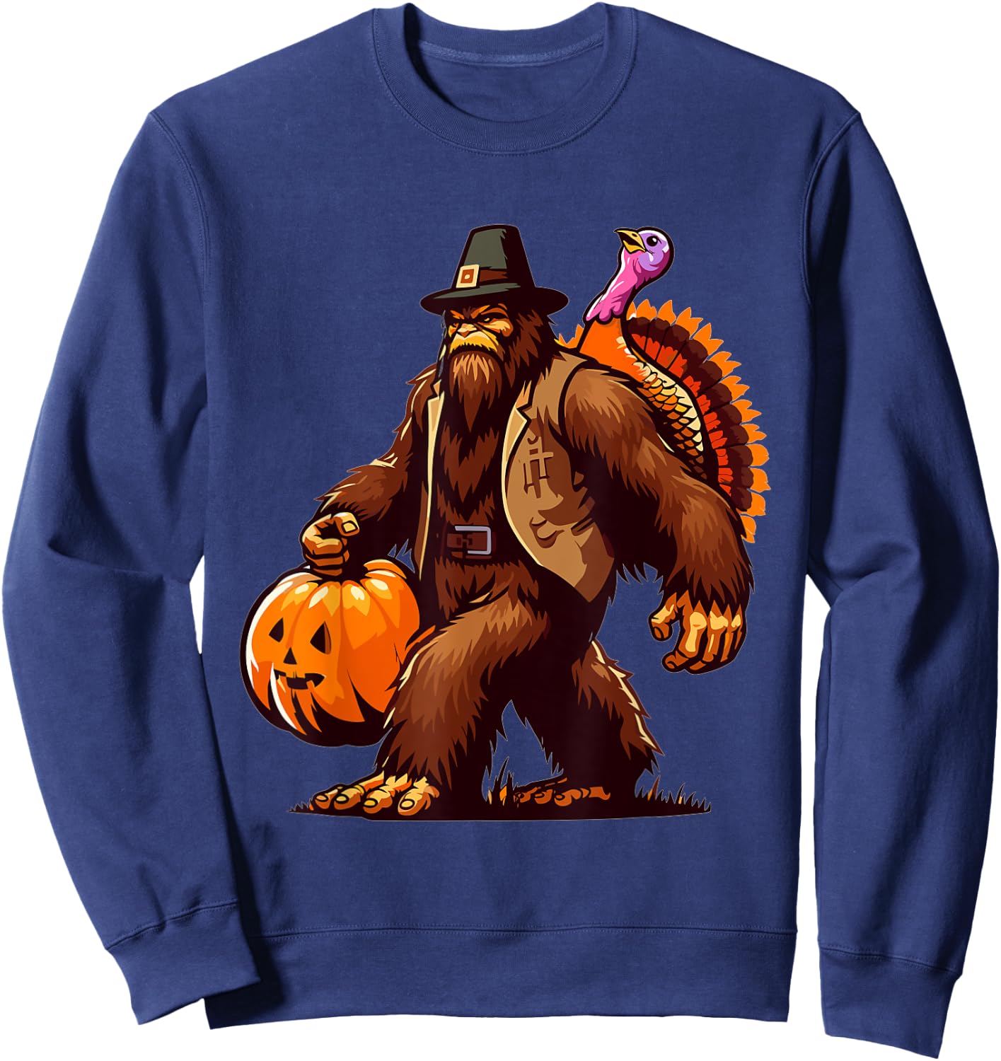 Bigfoot Pilgrim Turkey Pumpkin Thanksgiving Day Sweatshirt - Sweatshirt | Navy