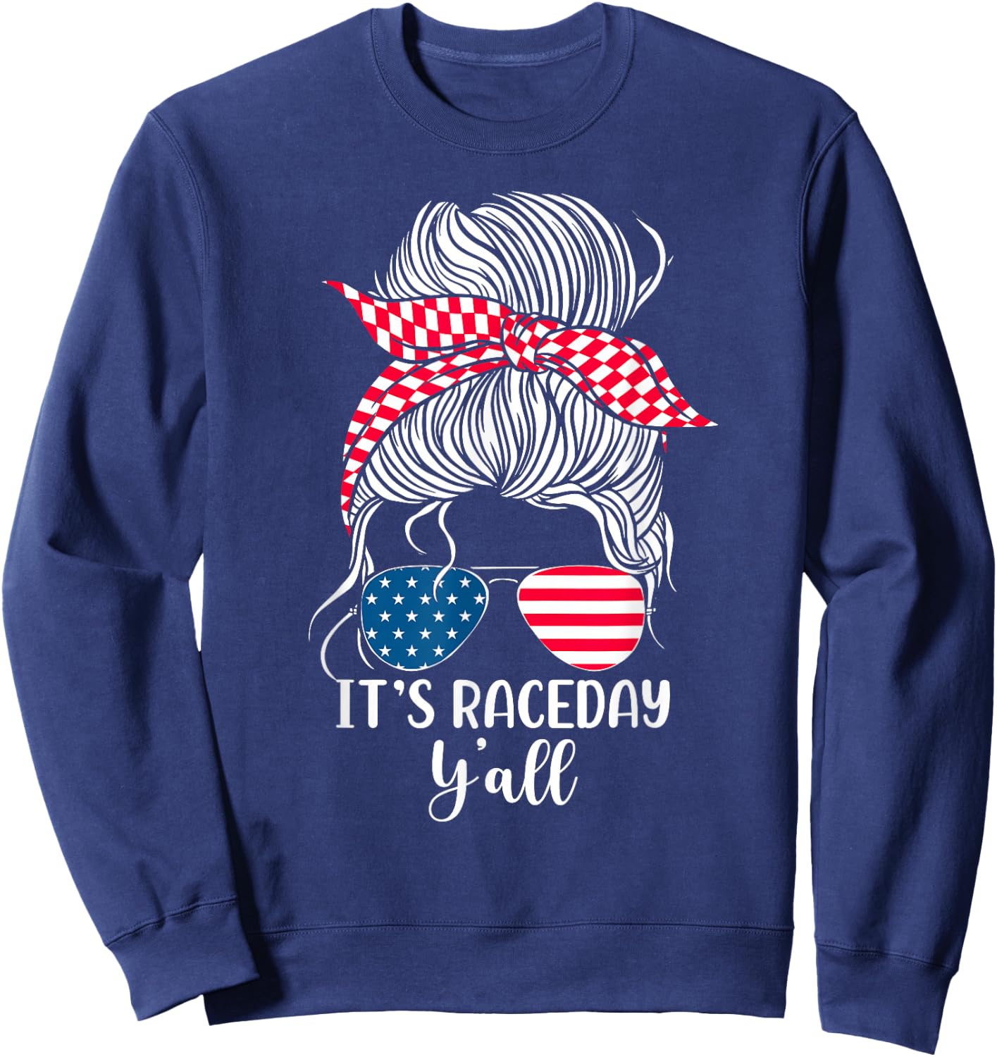 Dirt Track Racing Race Girl USA American Flag Glasses Bun Sweatshirt - Sweatshirt | Navy