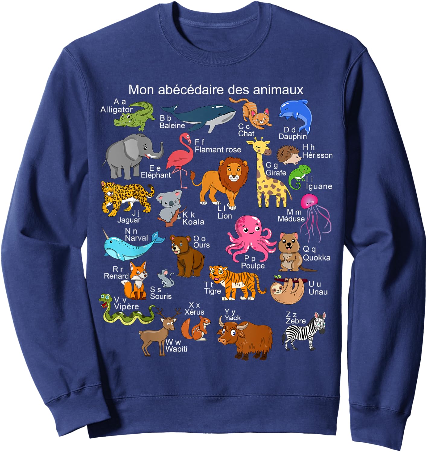 French Animals Alphabet A-Z ABC of the Wildlife Sweatshirt - Sweatshirt | Navy