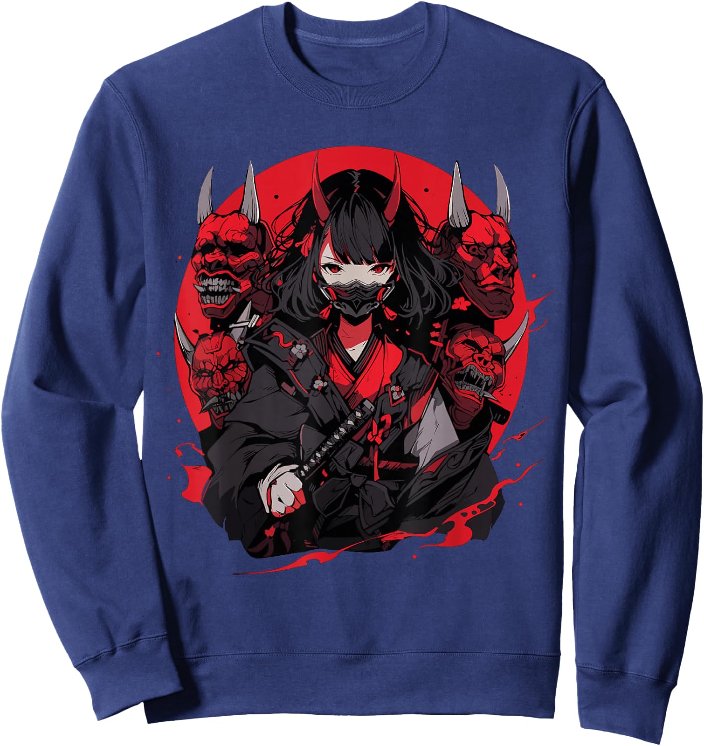 Anime Girl Gothic Waifu Japanese Kawaii Otaku Oni Mask Sweatshirt - Sweatshirt | Navy