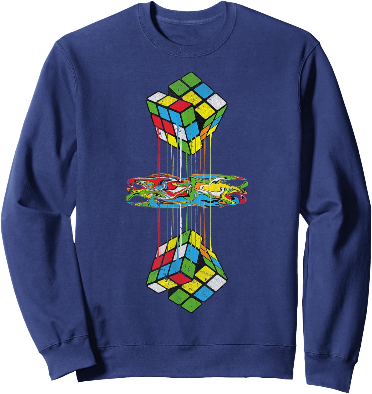 Vintage Melting Cube Refection Graphic Math Speedcubing Sweatshirt - Sweatshirt | Navy