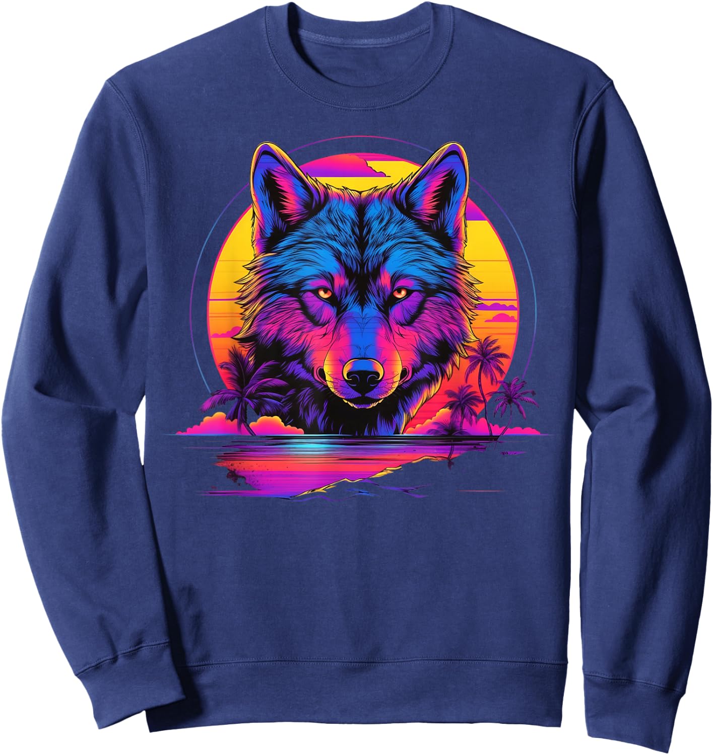 Vintage Retrowave Synthwave 80s Vaporwave Wolf Sweatshirt - Sweatshirt | Navy