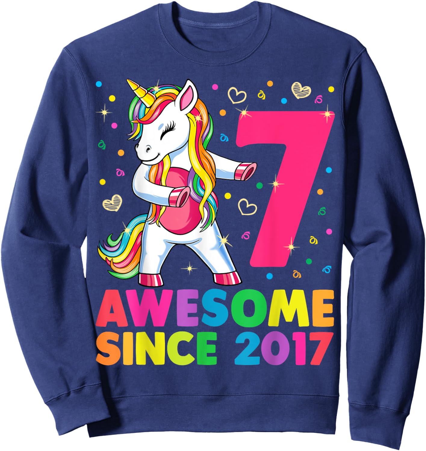 7 Years Old Unicorn Flossing 7th Birthday Girl Unicorn Party Sweatshirt - Sweatshirt | Navy