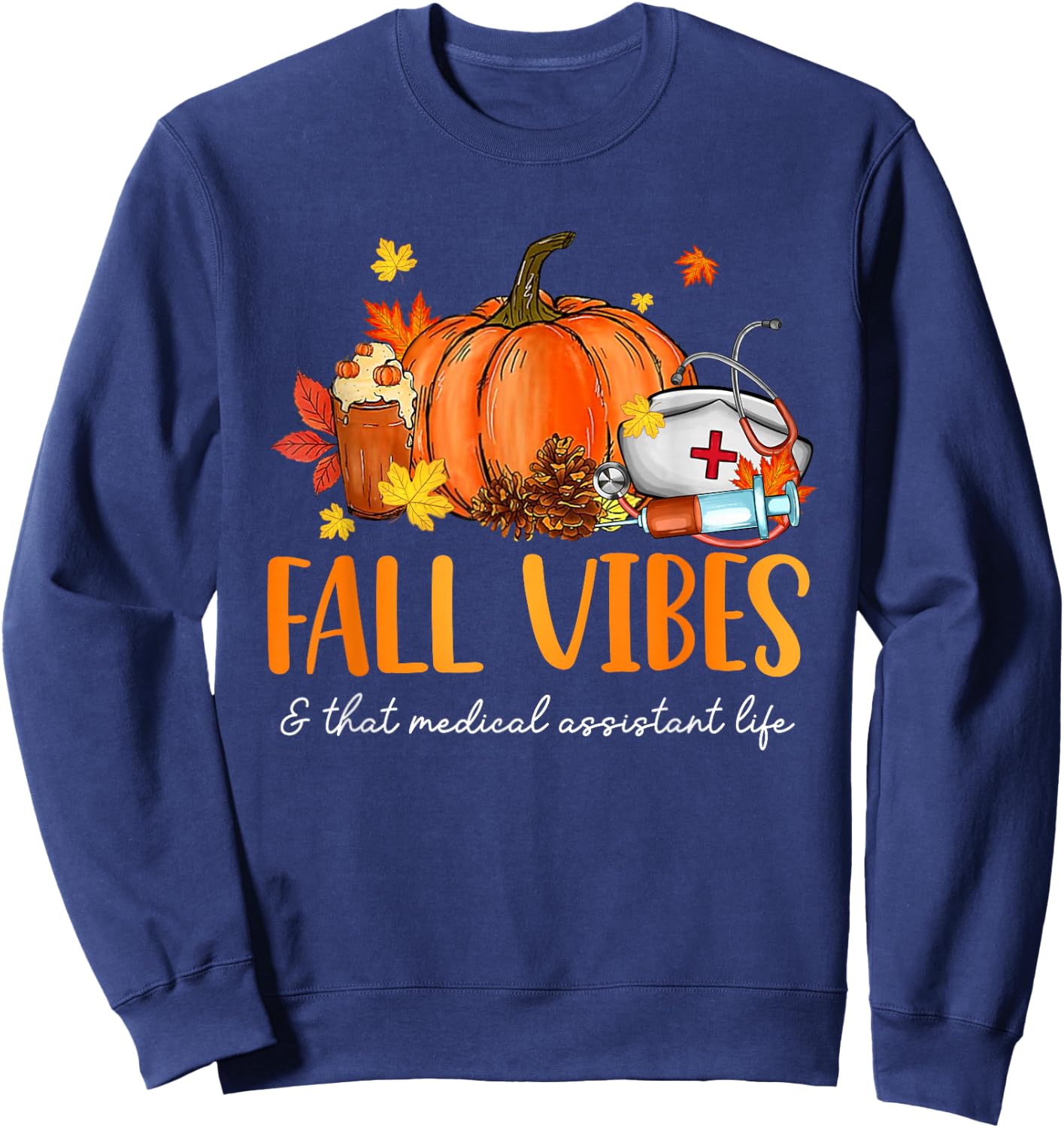 Fall Vibes & That Medical Assistant Life Leopard Pumpkin Sweatshirt - Sweatshirt | Navy