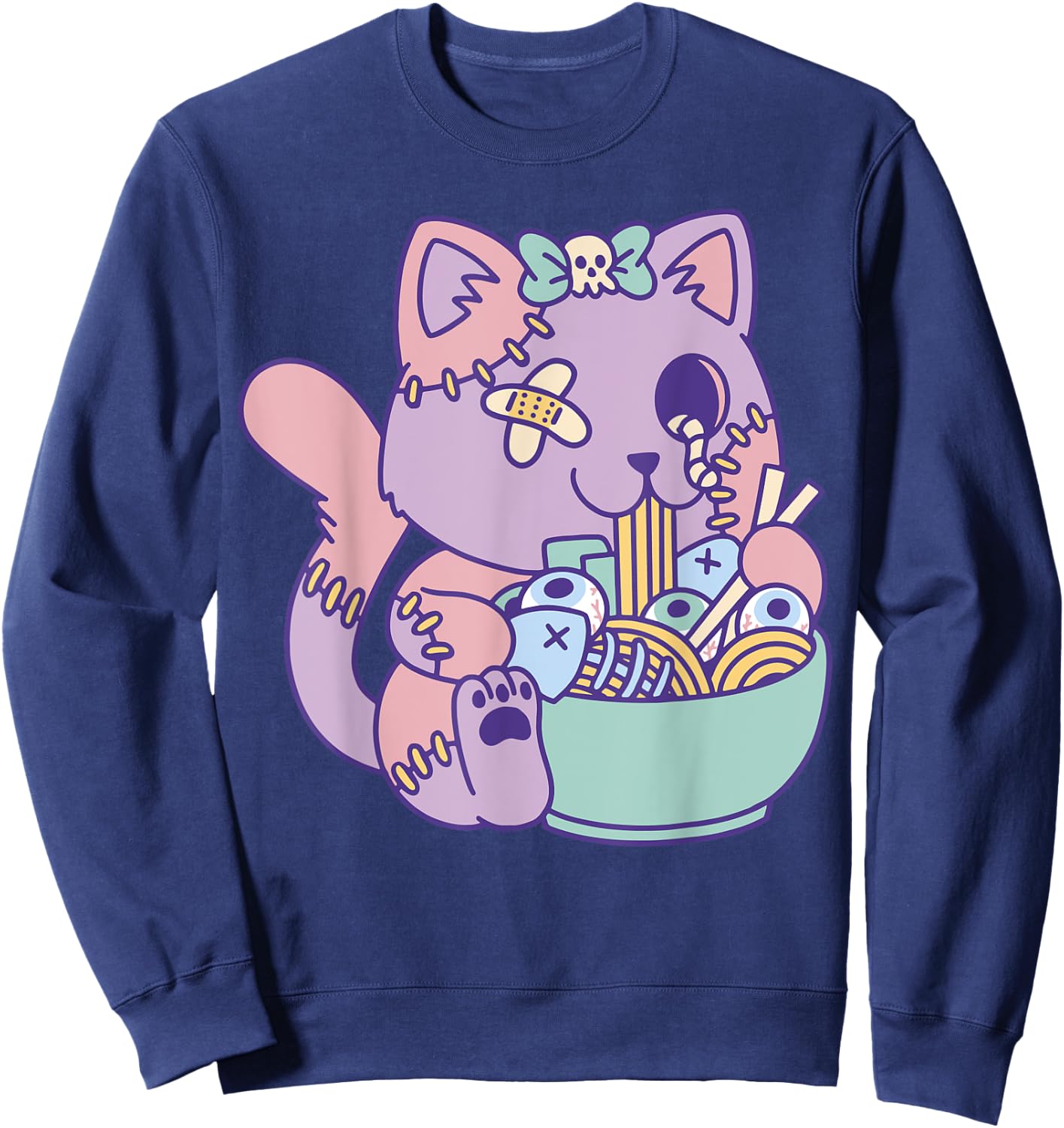 Cute Pastel Kawaii Zombie Cat Eating Ramen Halloween 2023 Sweatshirt - Sweatshirt | Navy