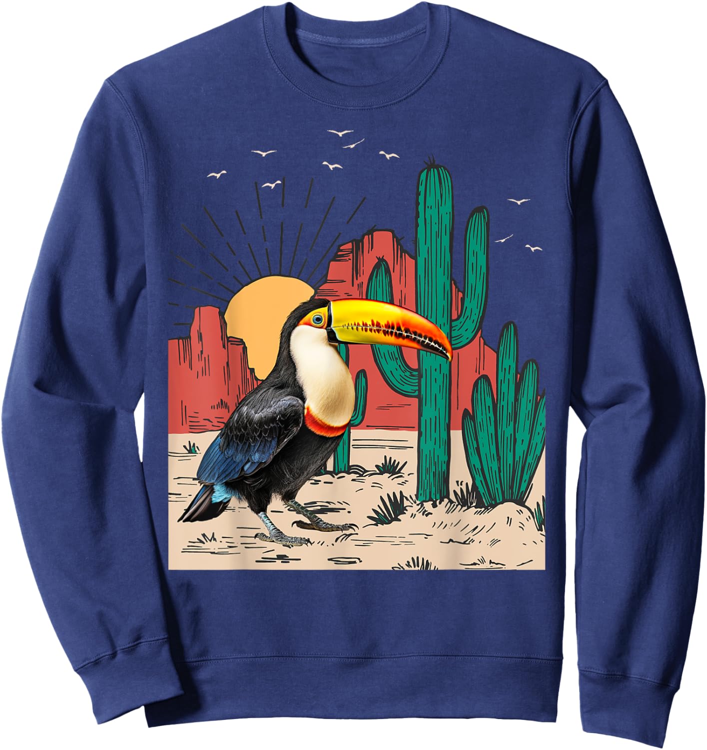 Toucans Birds Vintage Sunset Mountain Cactus Desert Toucan Sweatshirt - Sweatshirt | Navy