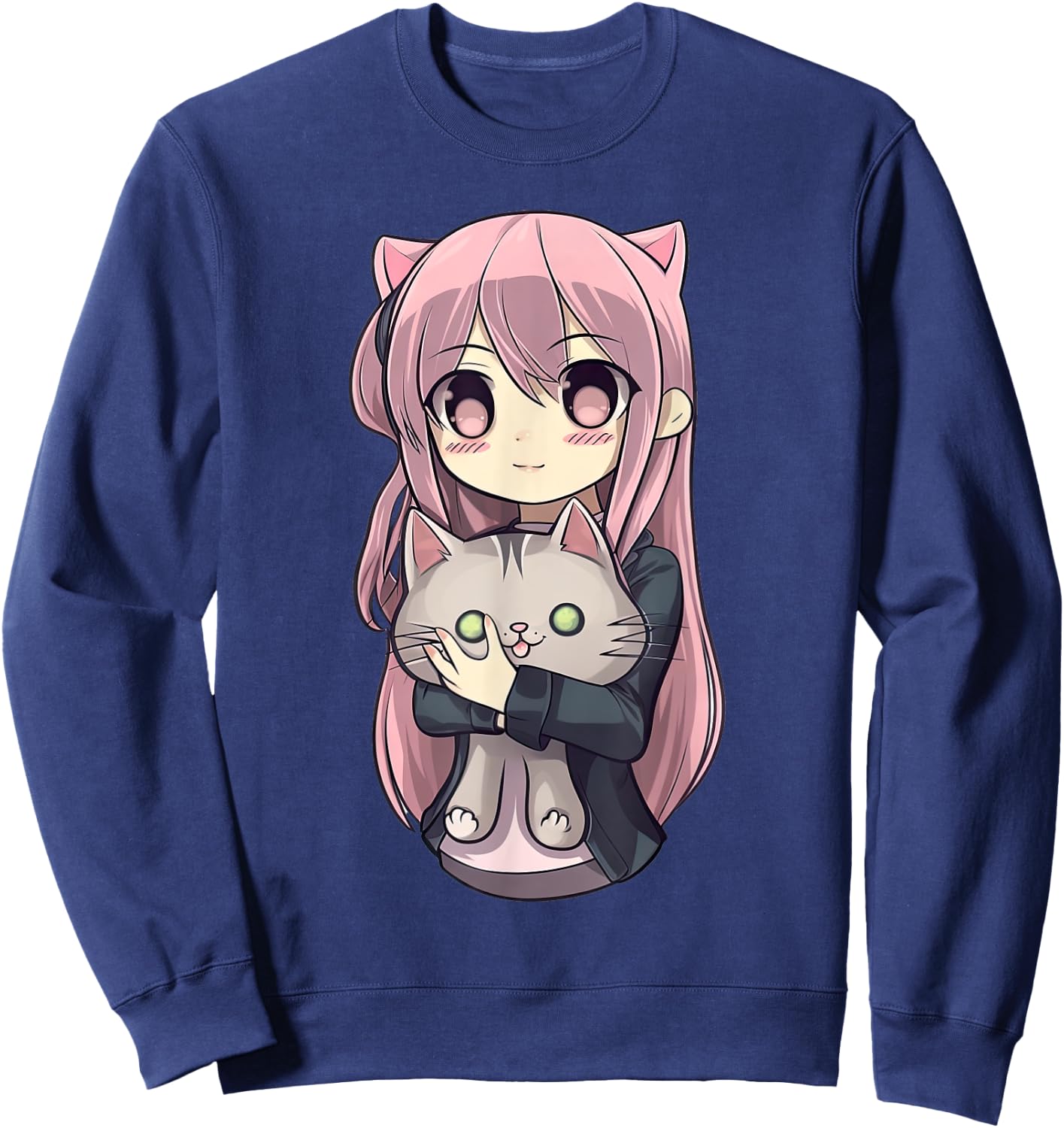Anime and Cats Kawaii Cute Teen Otaku Girl with Cat Sweatshirt - Sweatshirt | Navy