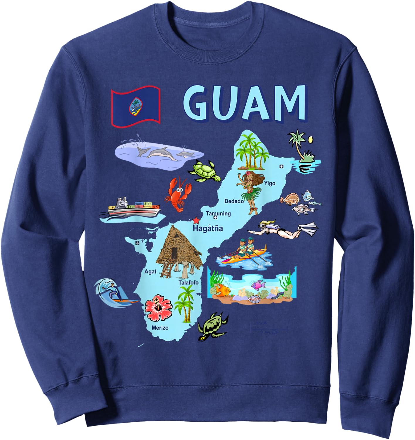Tourist attractions map of Guam, major cities, flag, USA Sweatshirt - Sweatshirt | Navy
