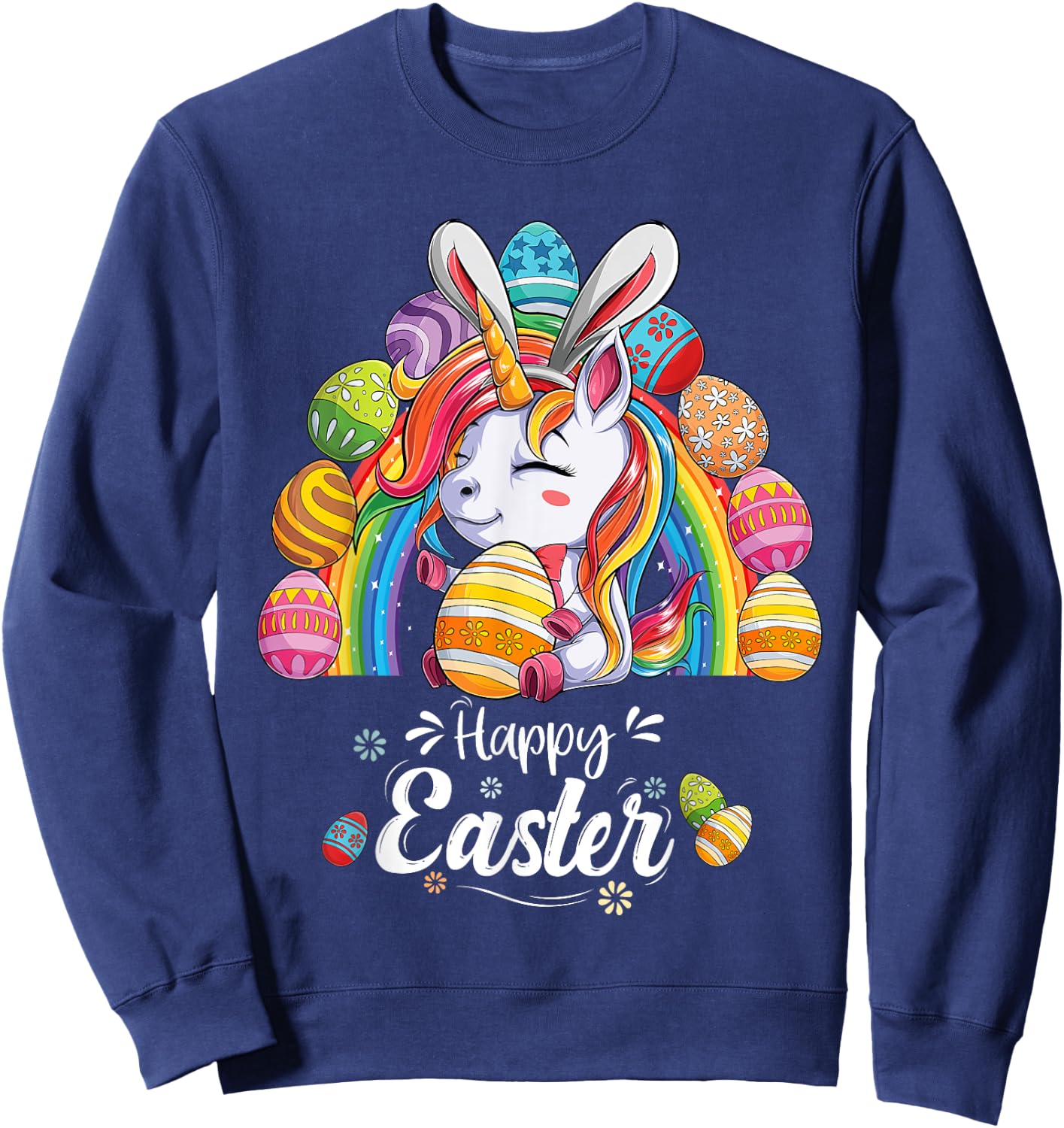 Unicorn Happy Easter Day bunny Rainbow egg Girls Kids Sweatshirt - Sweatshirt | Navy