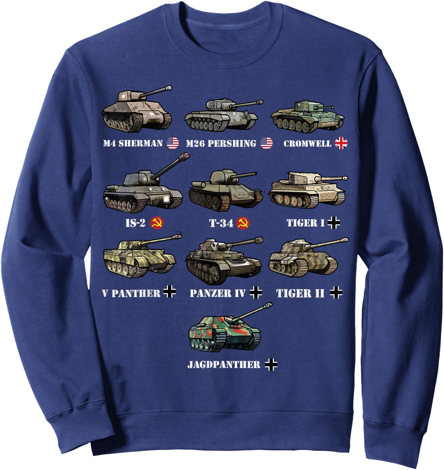 WW2 Tanks M4 Sherman Panzer IV Tiger II T-34 History Buff Sweatshirt - Sweatshirt | Navy