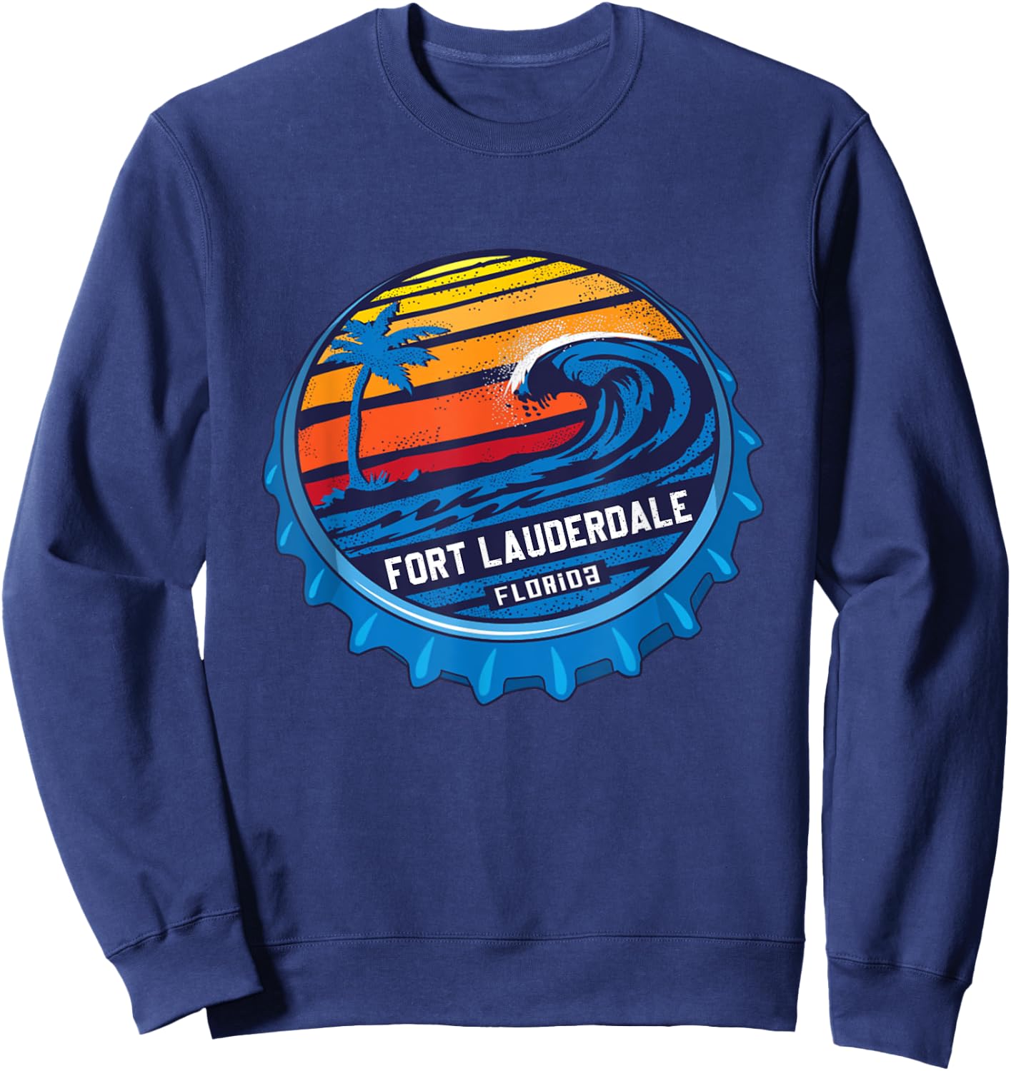 Palm Tree Ocean Wave On Bottle Cap Fort Lauderdale Florida Sweatshirt - Sweatshirt | Navy
