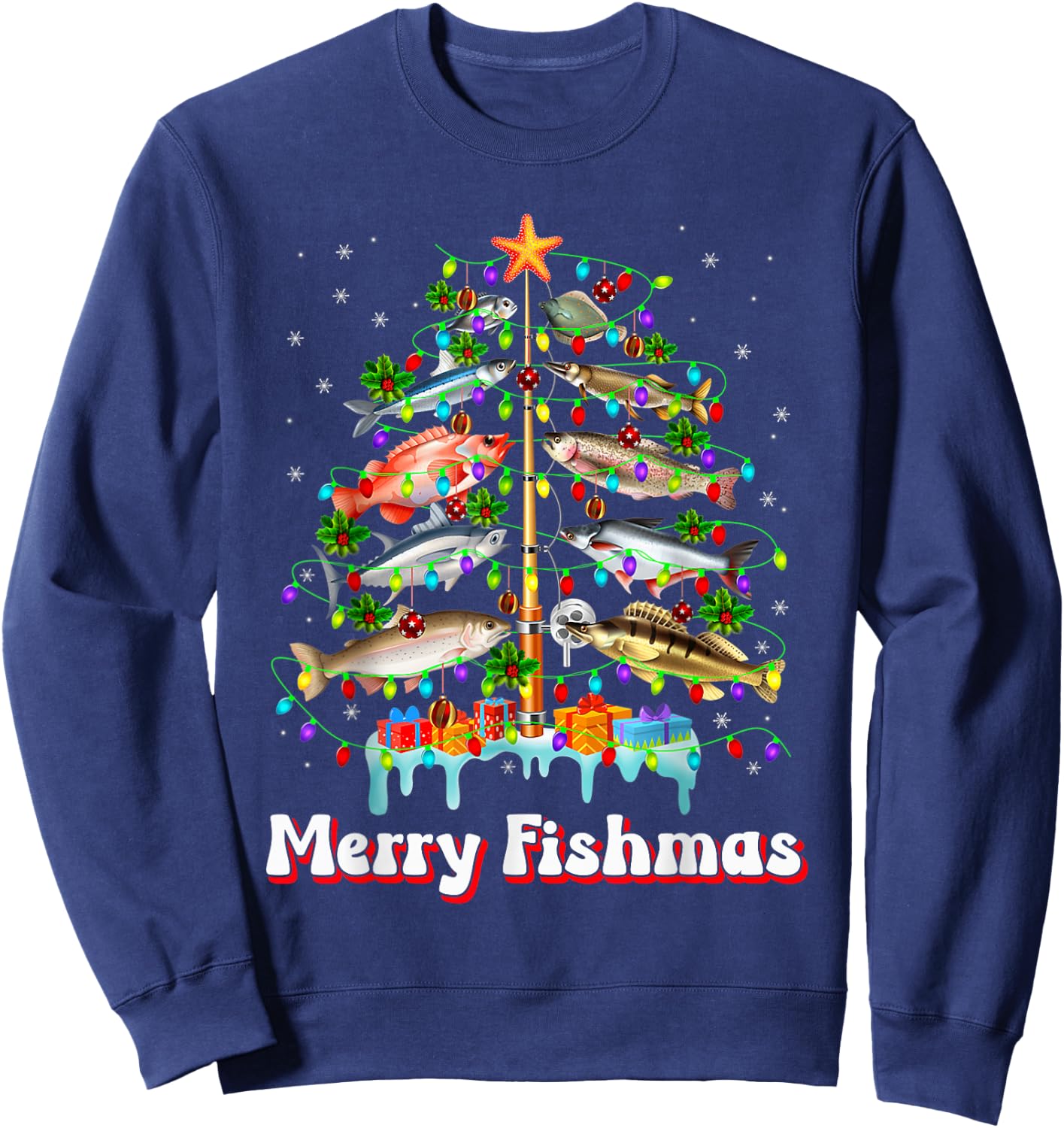 Merry Fishmas Christmas Tree Funny Fish Fishing Fisherman Sweatshirt - Sweatshirt | Navy