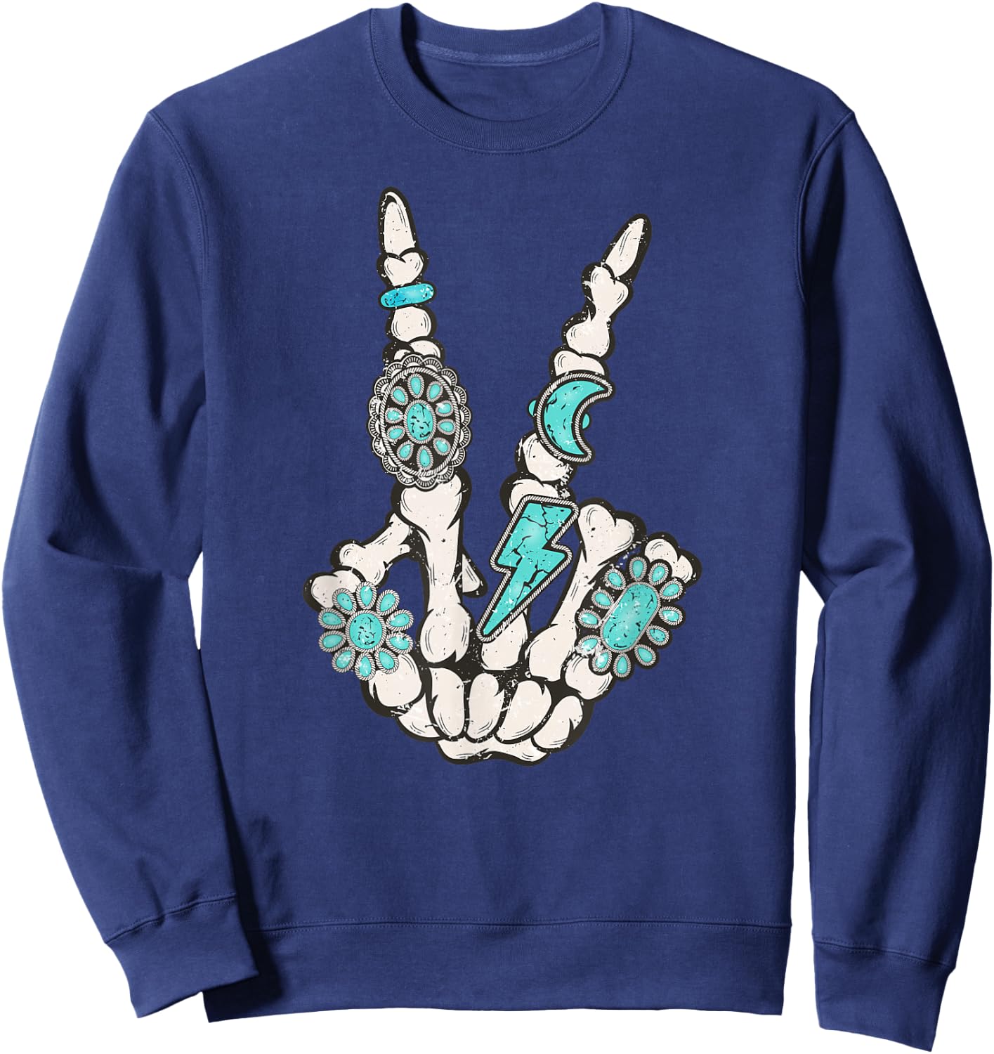 Skeleton Turquoise Hand Western Rodeo Cowboy Cowgirl Sweatshirt - Sweatshirt | Navy