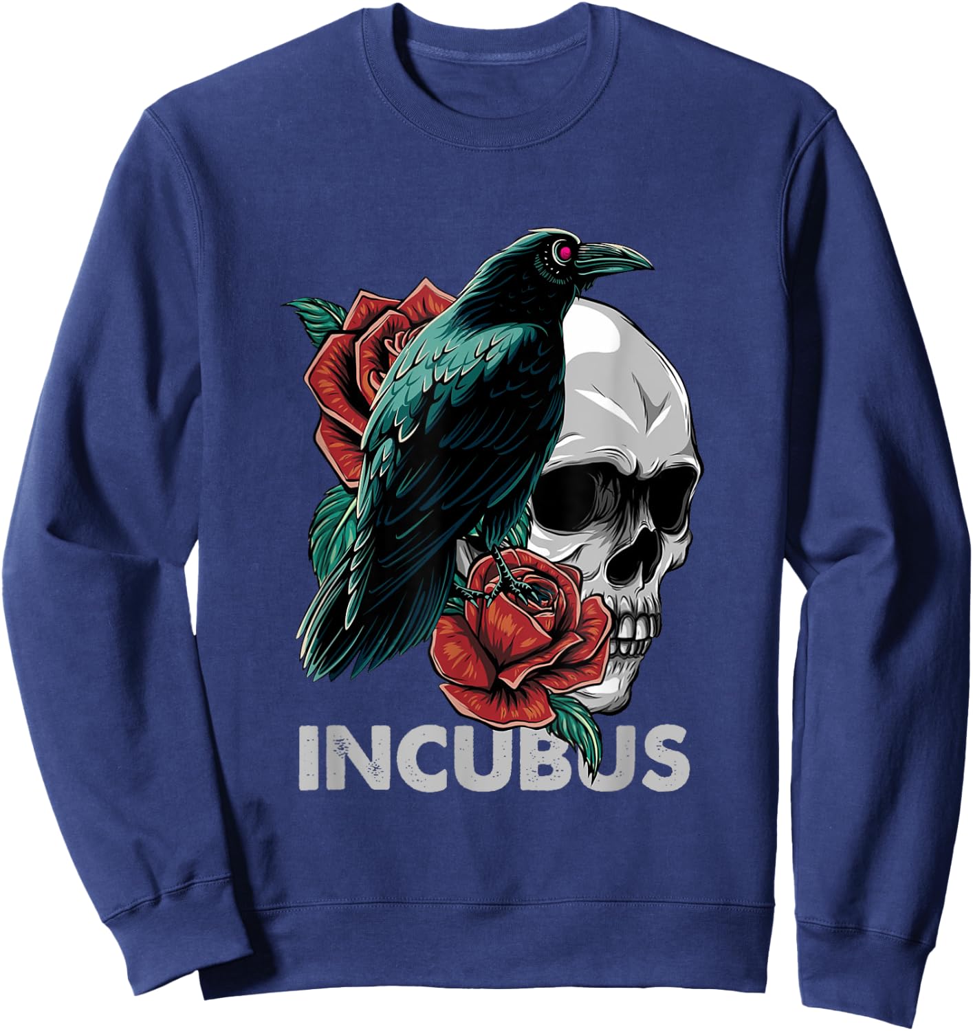 Halloween Graphic Incubus-Crow Left Skull Morning And Flower Sweatshirt - Sweatshirt | Navy