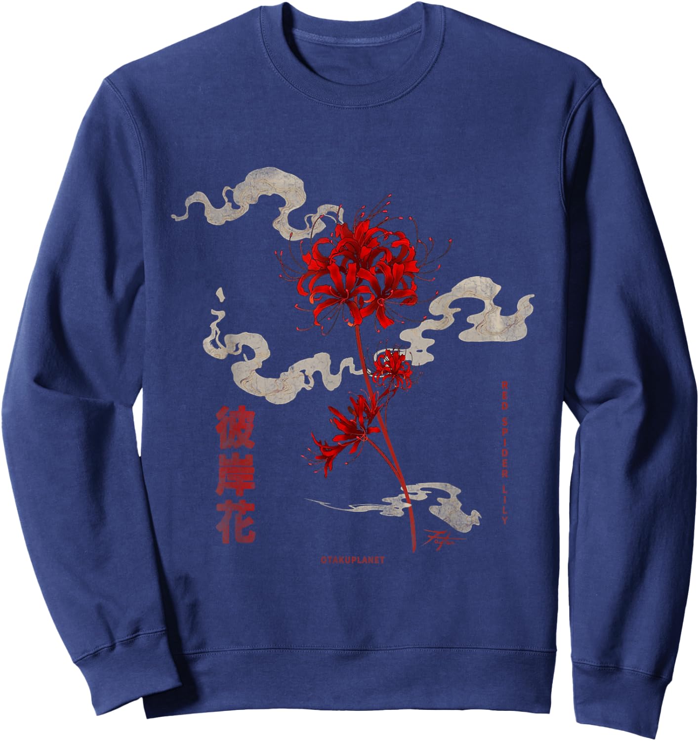 Higanbana or Red Spider Lily in 90s Harajuku Aesthetic Style Sweatshirt - Sweatshirt | Navy