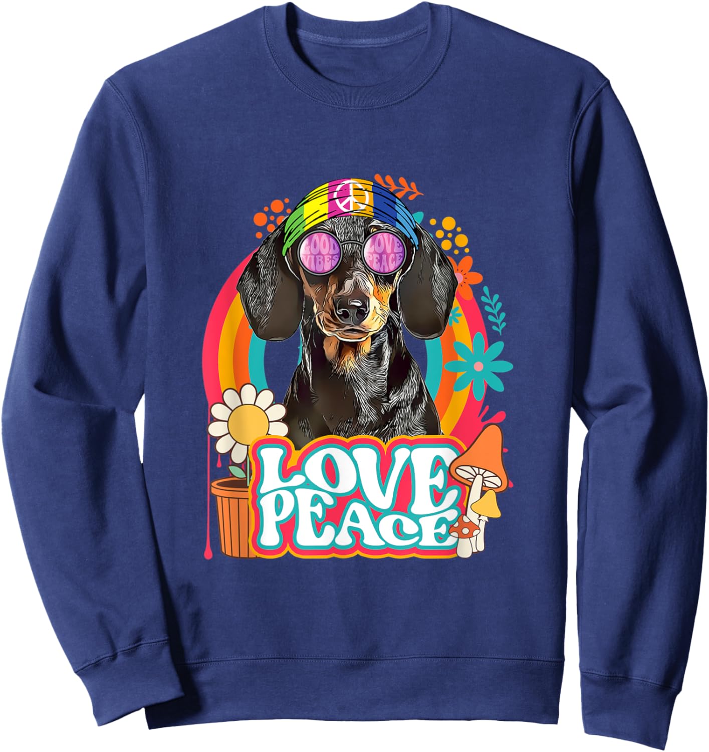 Hippie Dachshund Dog Retro 60s 70s Peace Sign Love Sweatshirt - Sweatshirt | Navy