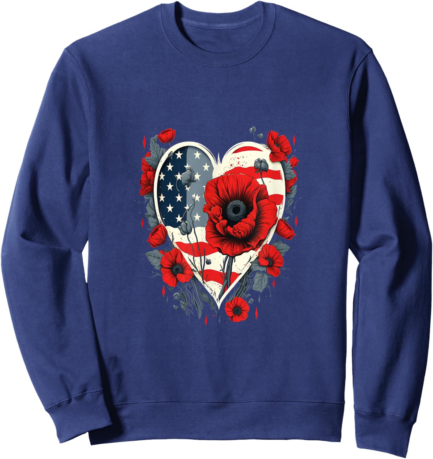 Memorial Day Red Poppy Flower USA Heart Flag 4th of July Sweatshirt - Sweatshirt | Navy