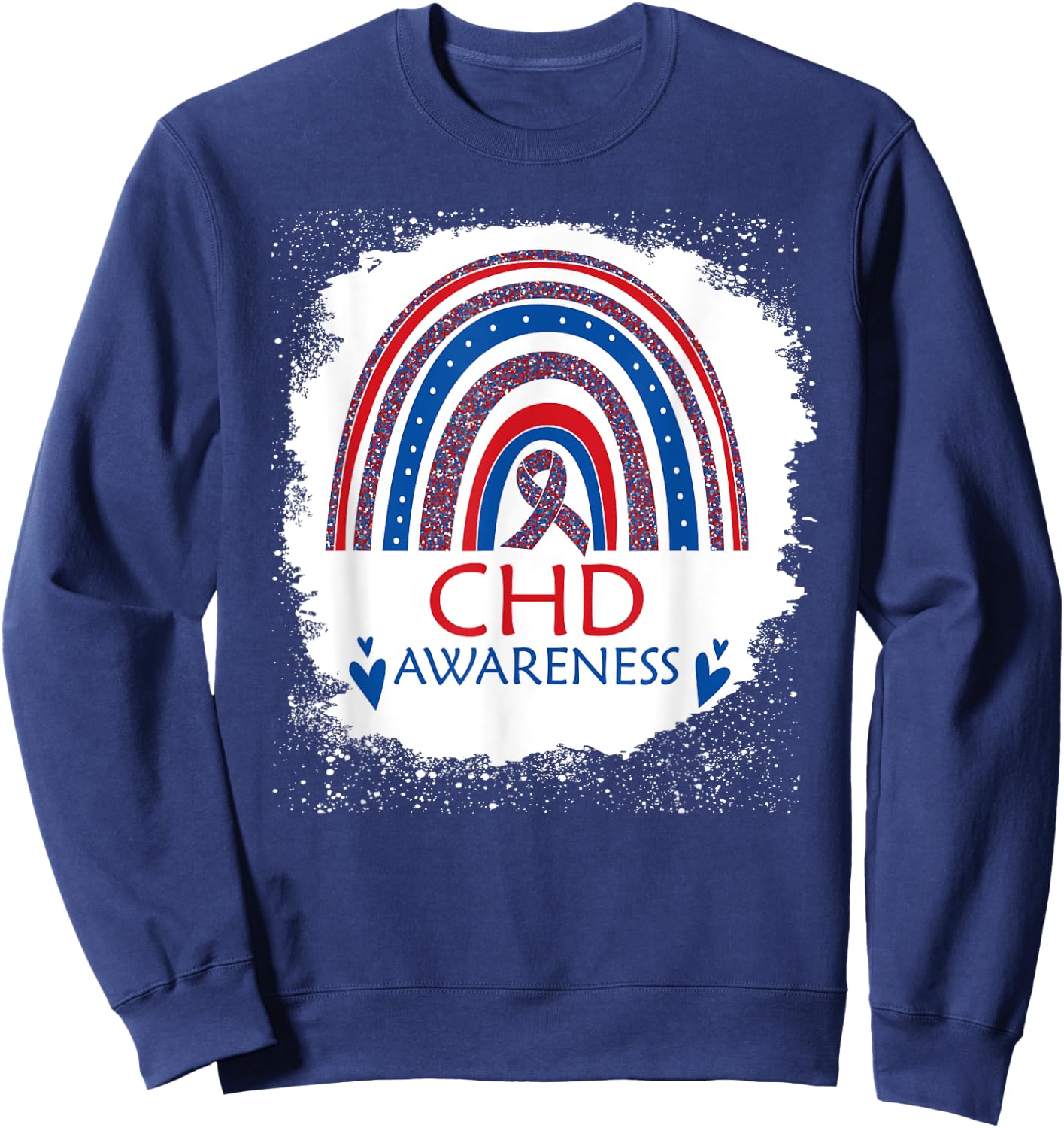 CHD Awareness Heart Disease Bleached Rainbow Blue Red Ribbon Sweatshirt - Sweatshirt | Navy