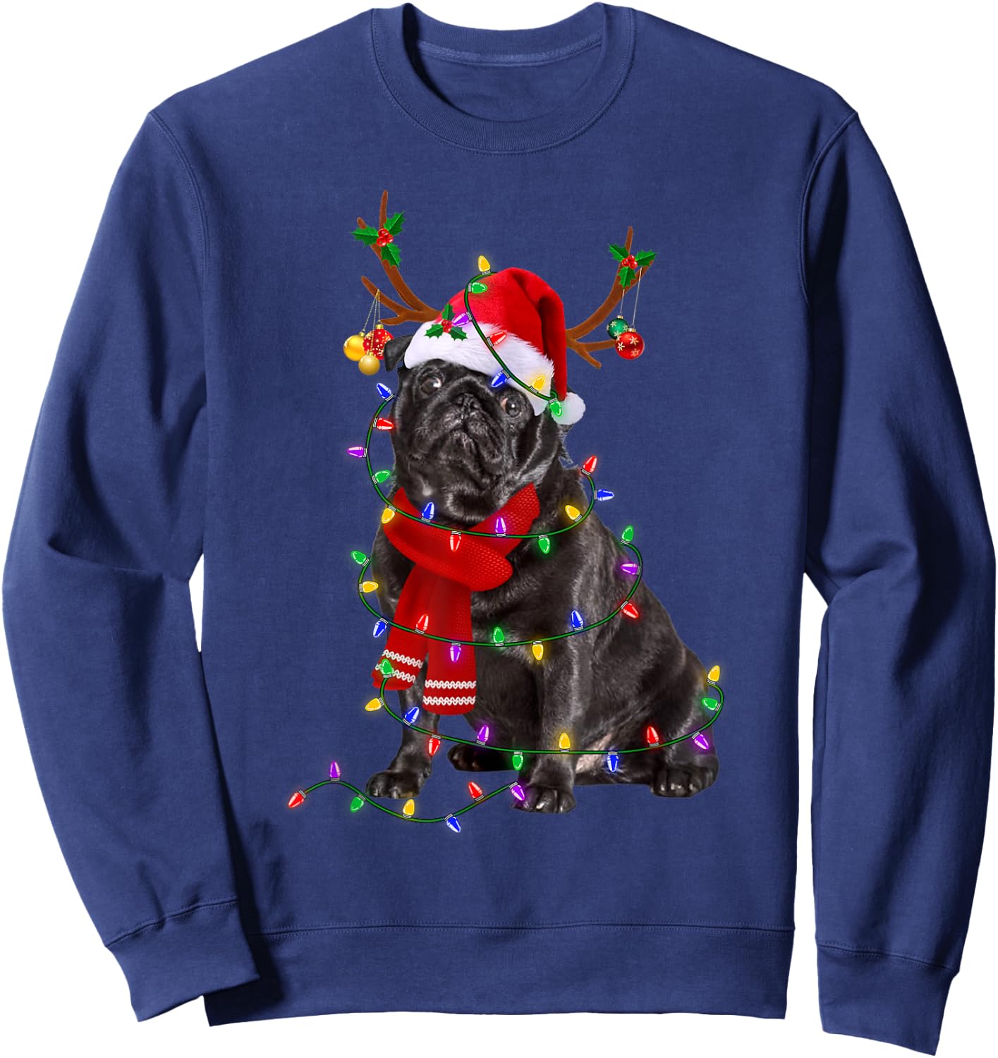 Funny Black Pug Dog Tree Christmas Lights Xmas Pajama Men Women Kids Sweatshirt - Sweatshirt | Navy