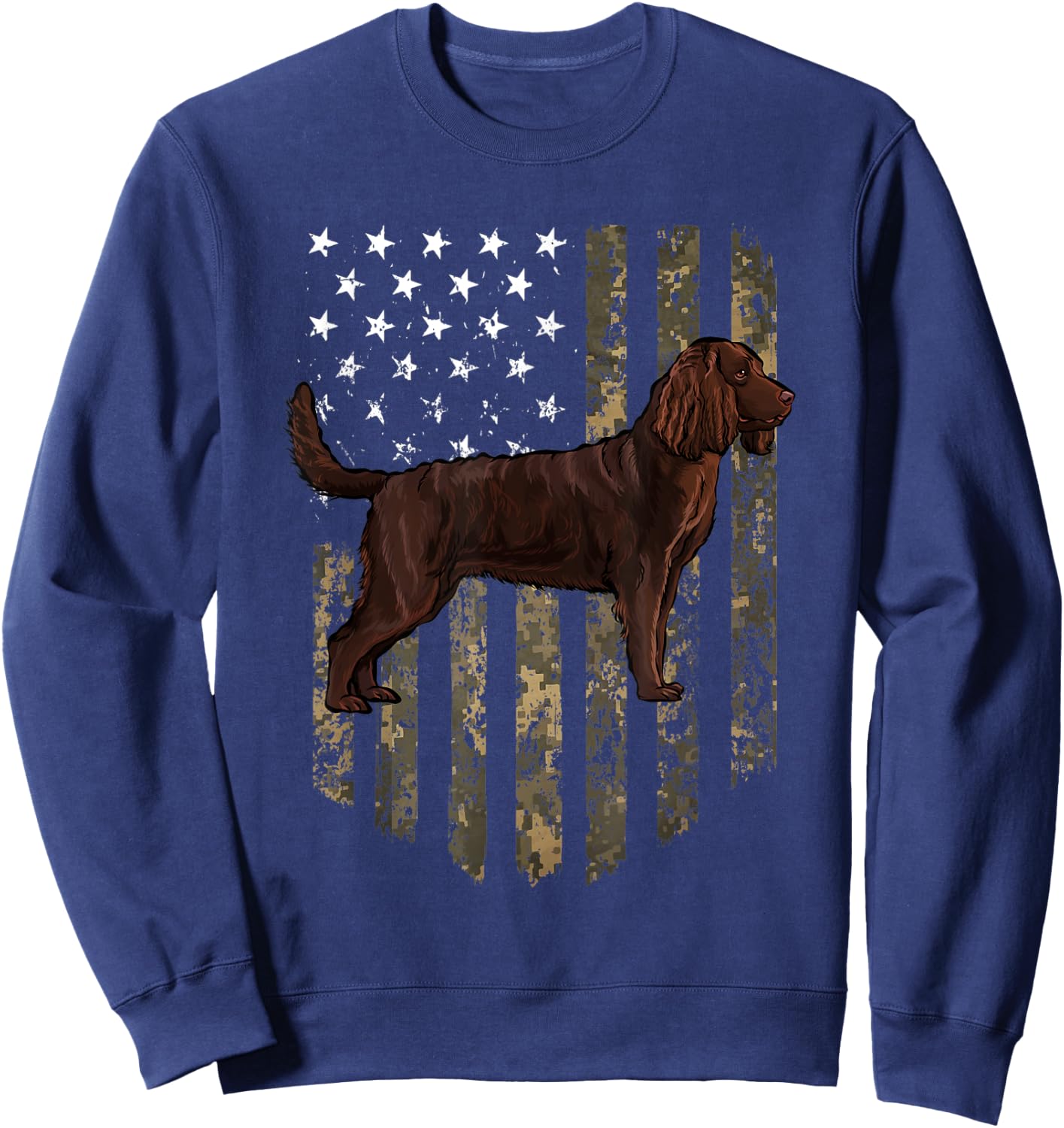 Camo American Flag American Water Spaniel 4th Of July USA Sweatshirt - Sweatshirt | Navy