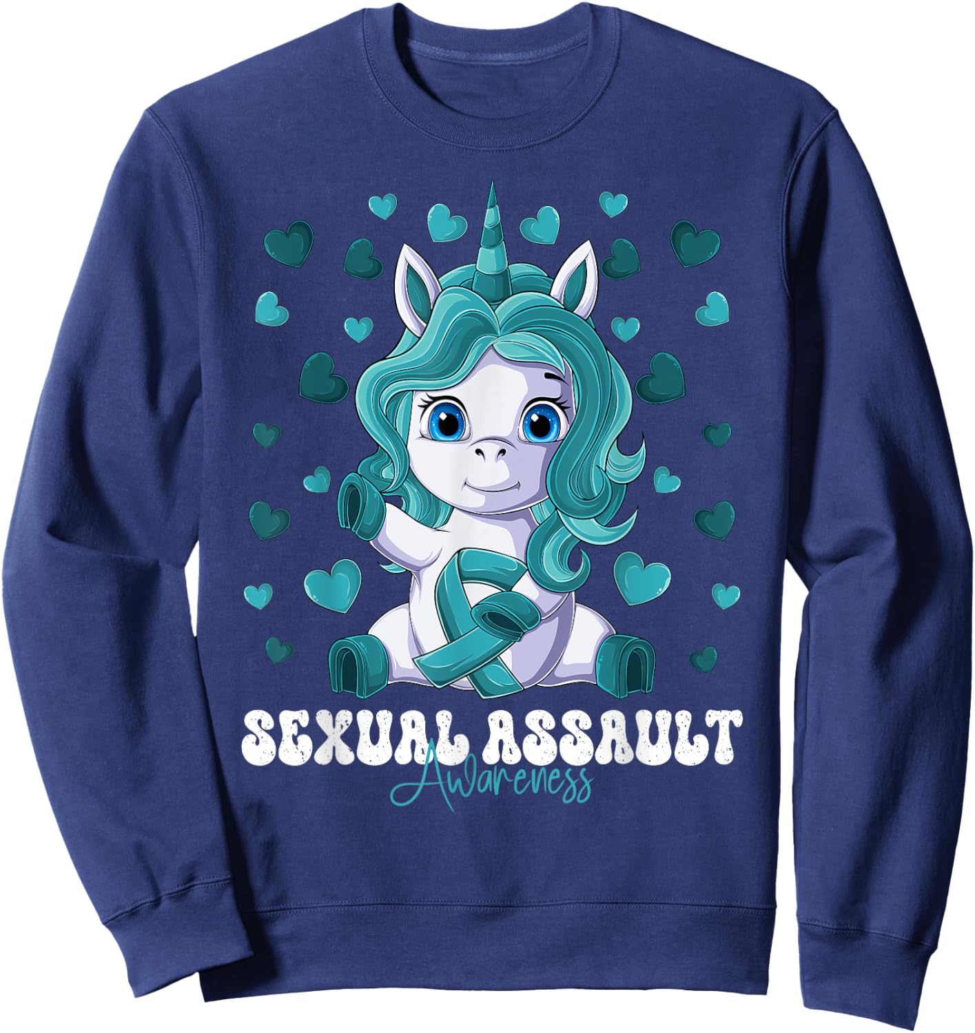 Sexual Assault Awareness Month Teal Ribbon Unicorn Sweatshirt - Sweatshirt | Navy