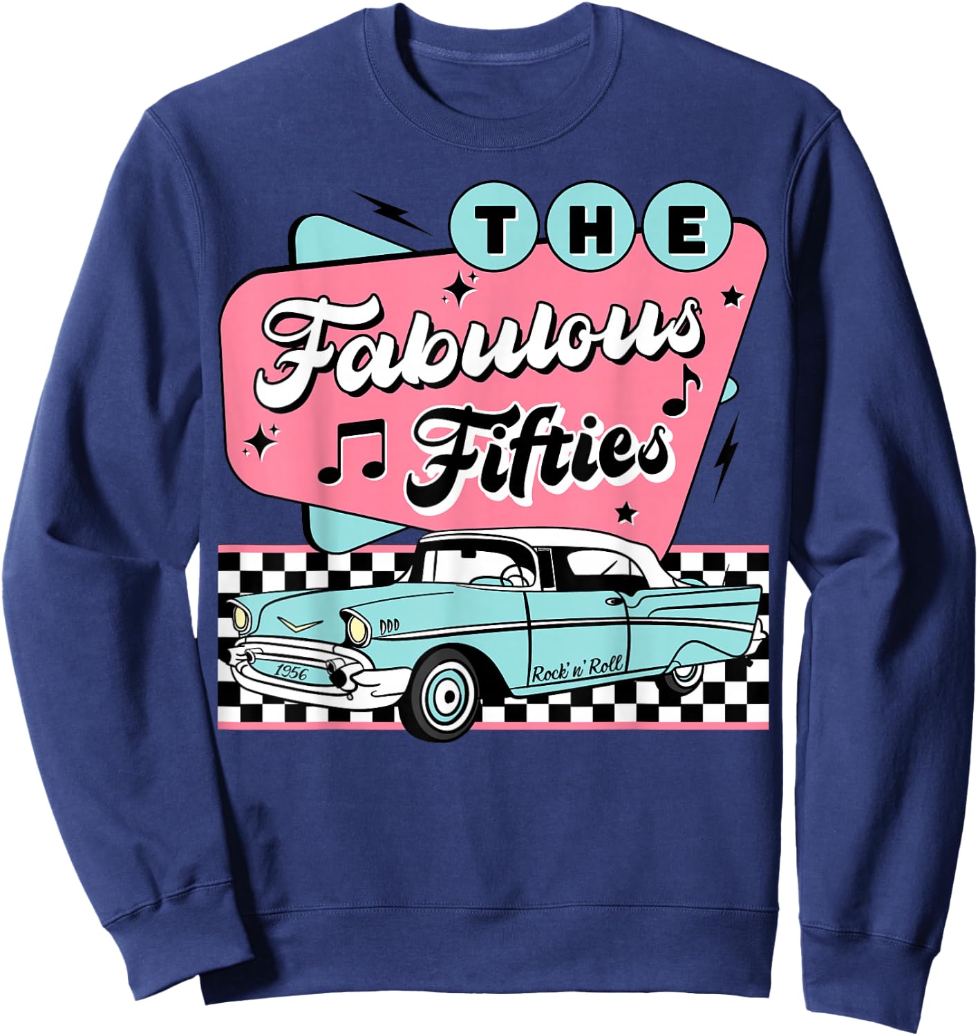 The Fifties 1950s Car Music Checkerboard Rockabilly Sock Hop Sweatshirt - Sweatshirt | Navy
