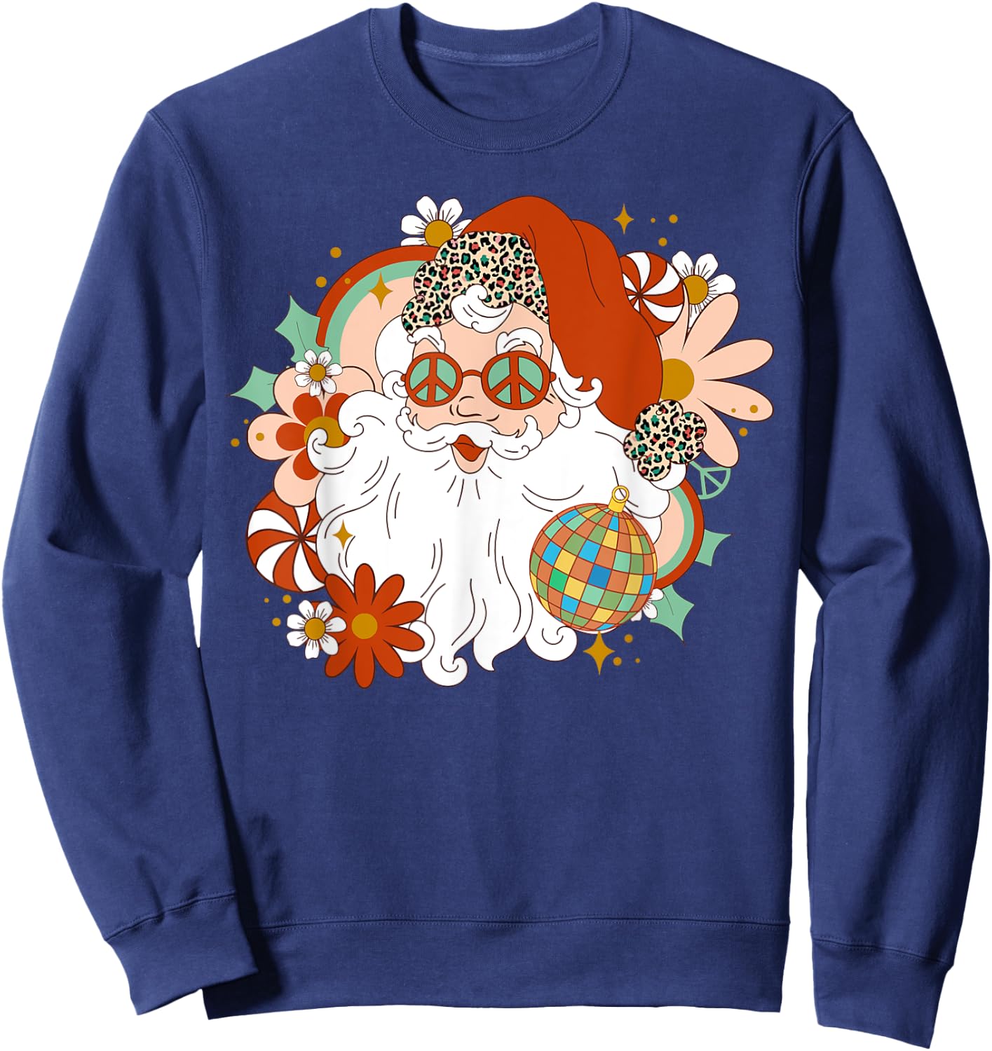 Hippie Santa Claus Floral Peace Sign Xmas Retro Christmas Sweatshirt - Sweatshirt | Navy