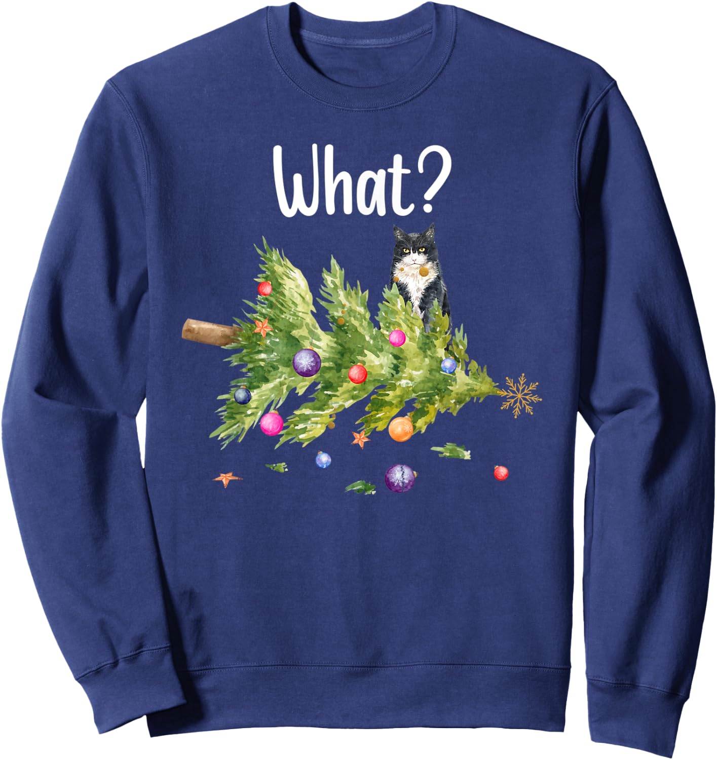 Funny Cat What Holiday Tree Christmas Men Women Kids Sweatshirt - Sweatshirt | Navy