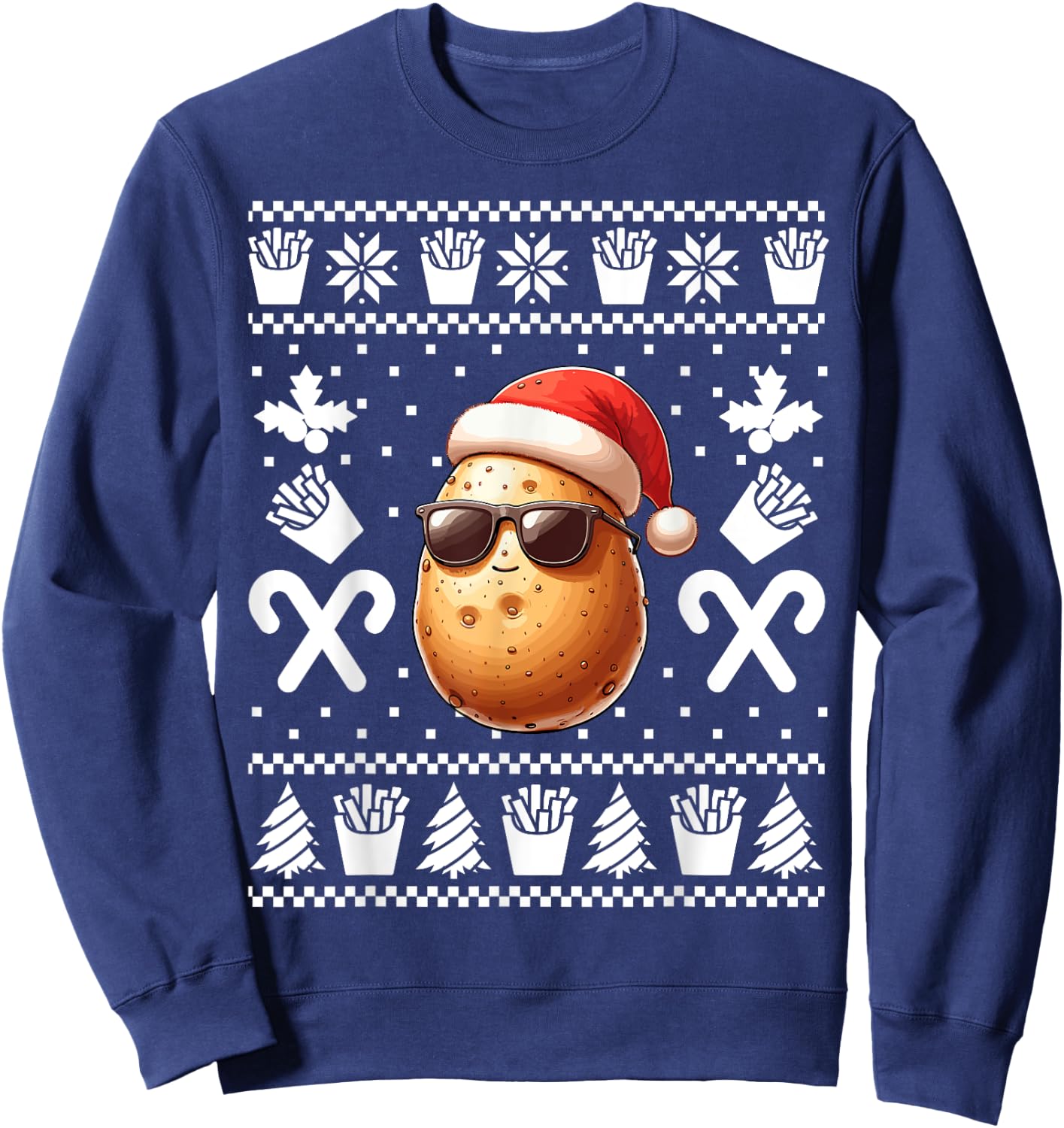 Funny Potato Christmas French Fries Pattern Xmas Season Sweatshirt - Sweatshirt | Navy