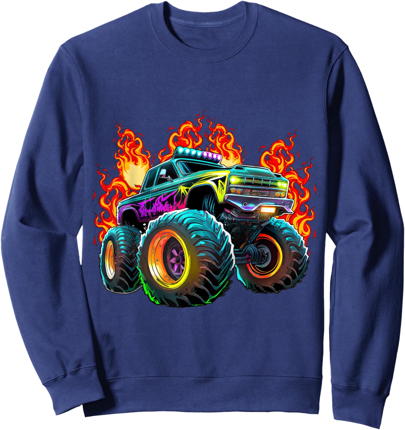 Monster Truck Flame Retro Monster Truck Birthday Boy Party Sweatshirt - Sweatshirt | Navy