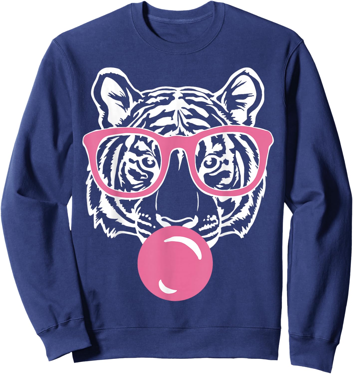 Popping Bubble Gum Tiger Smart Pink Glasses Cat and Tiger Sweatshirt - Sweatshirt | Navy