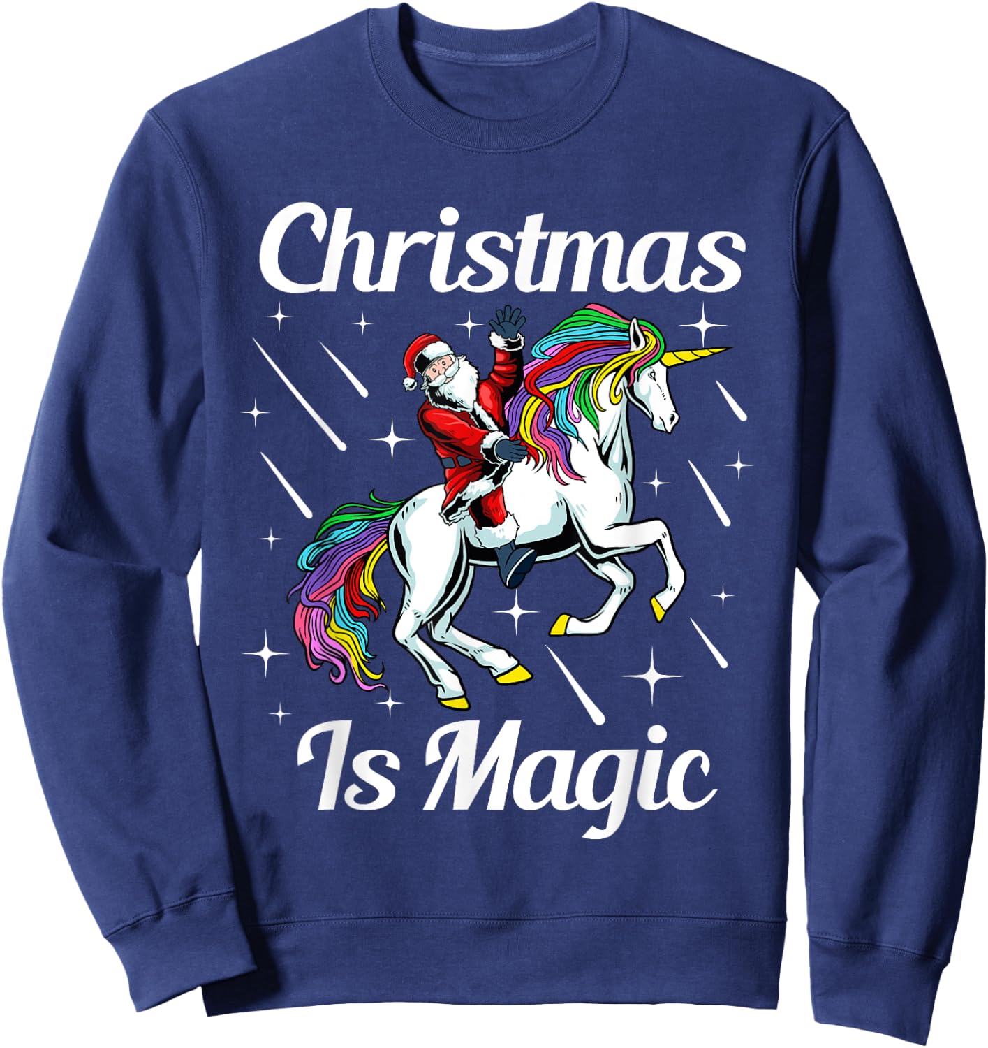 Christmas Is Magic Pajama Cute Santa Riding Unicorn X-Mas Sweatshirt - Sweatshirt | Navy